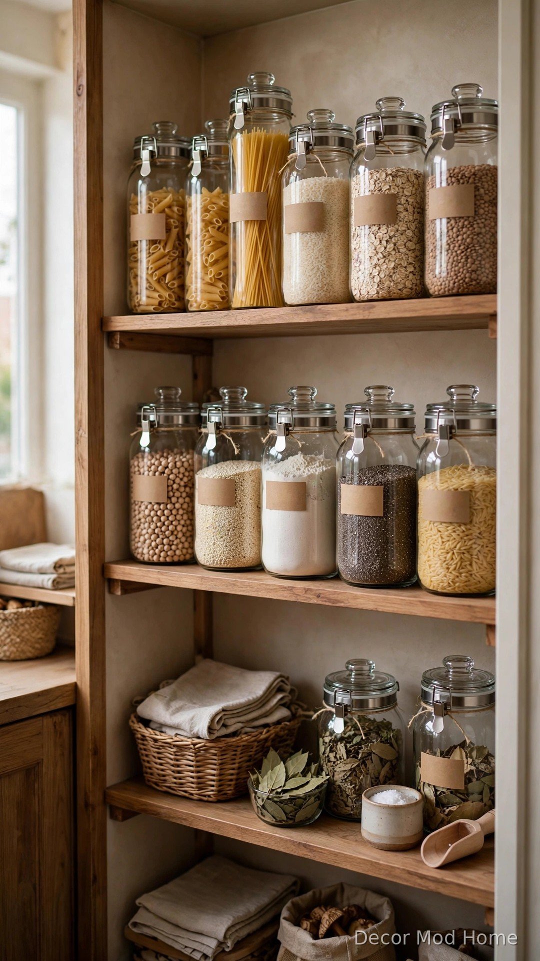 Pantry decanted into matching clear jars in an apartment kitchen