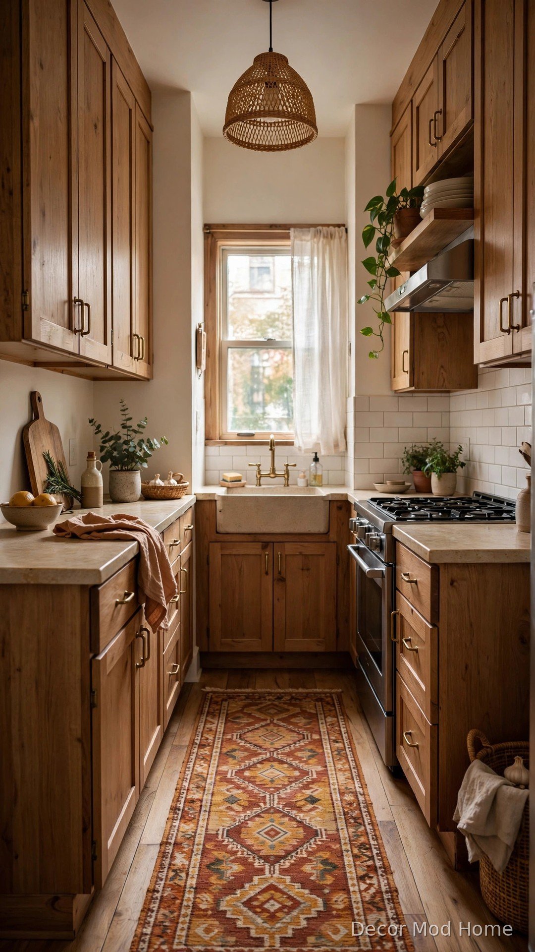 Cozy rug runner in a narrow apartment kitchen