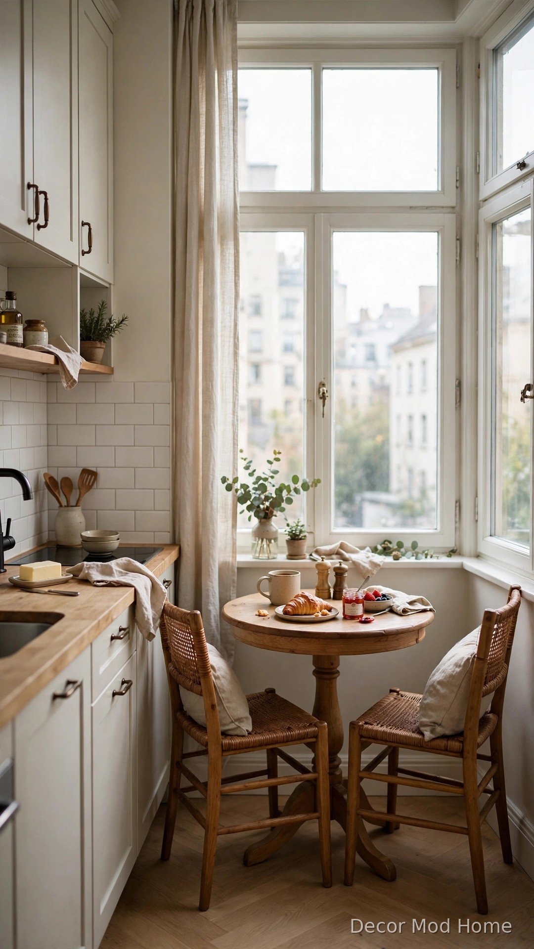 Small round dining table tucked into an apartment kitchen corner