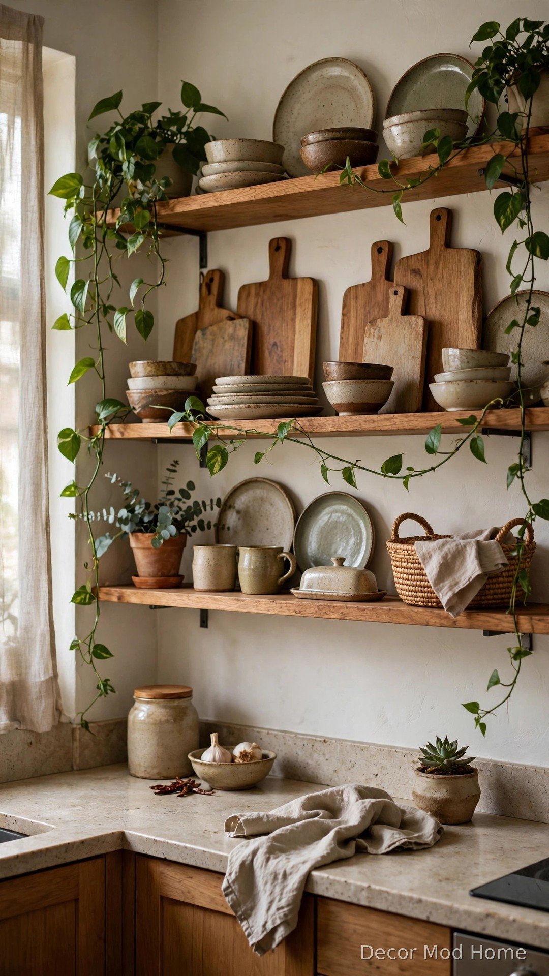 Open shelves styled with wood, ceramics and greenery in a cozy kitchen