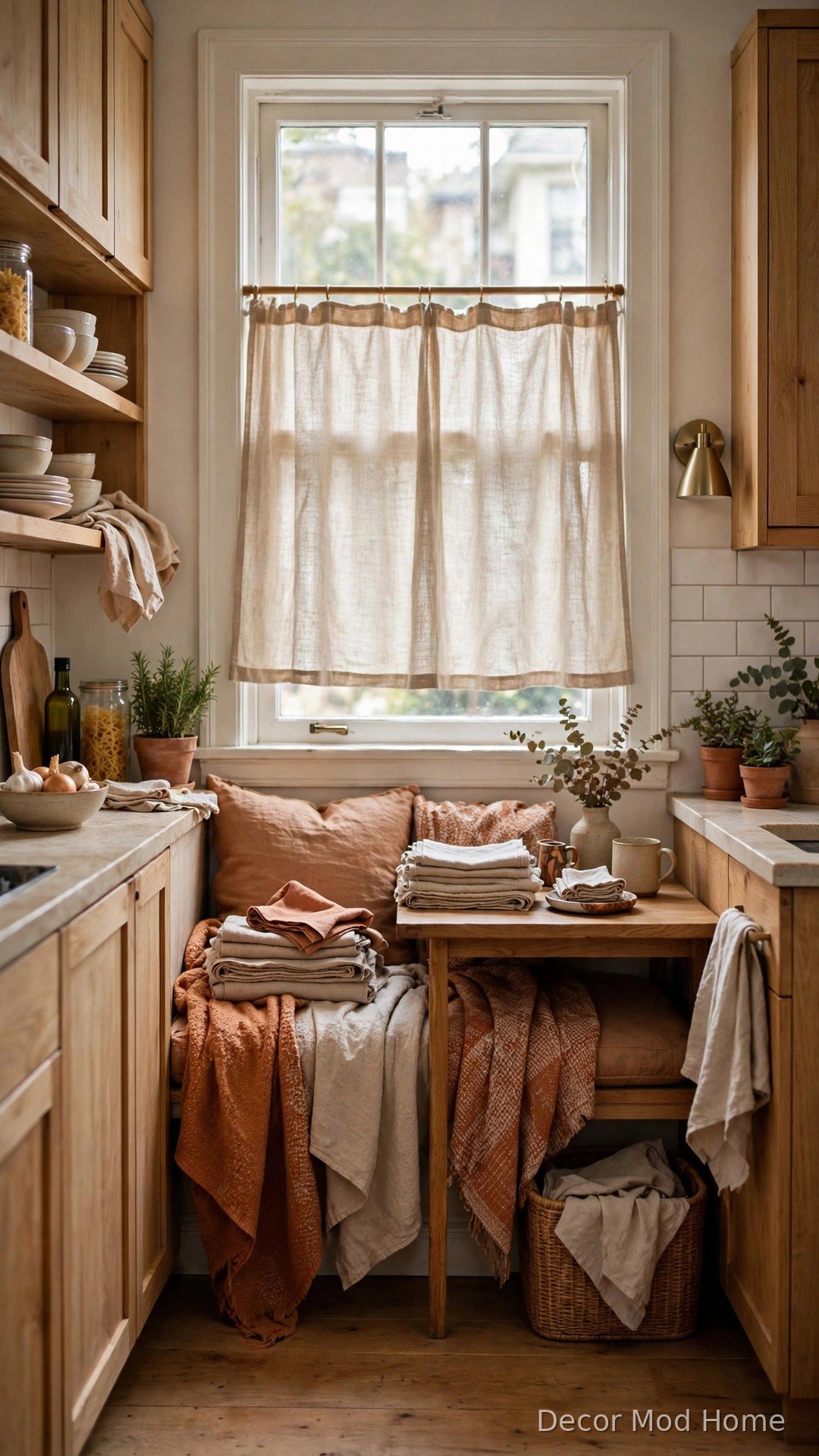 Layered soft textiles in a cozy apartment kitchen