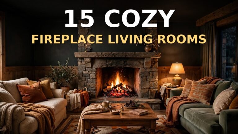 Cozy living room with stone fireplace, wooden coffee table and warm evening lighting