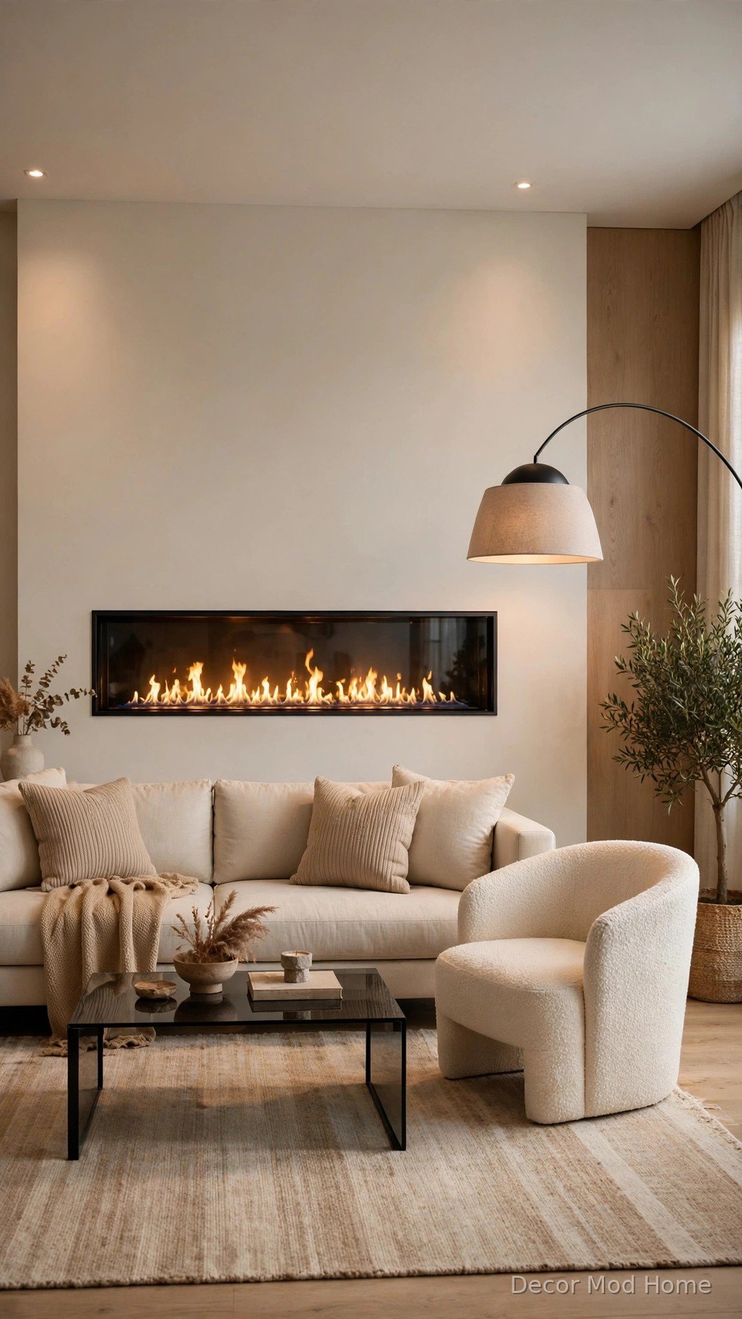 Modern linear gas fireplace with slim smoked glass coffee table in a contemporary living room