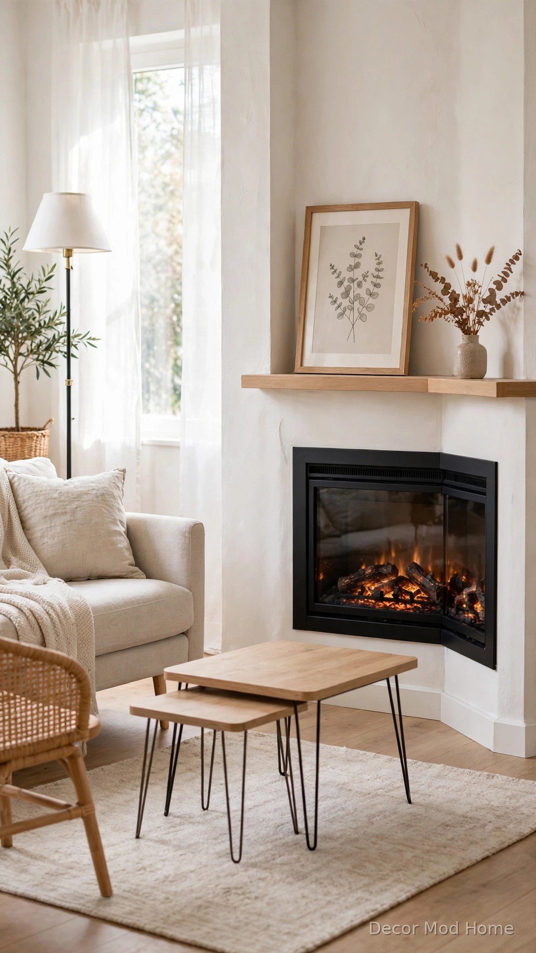 Small living room with angled corner electric fireplace and nesting coffee tables