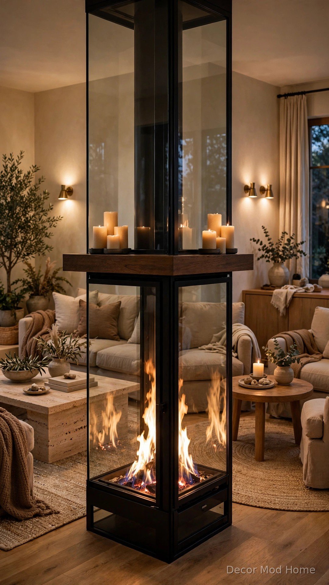 Double-sided glass fireplace dividing two cozy seating zones with travertine coffee table