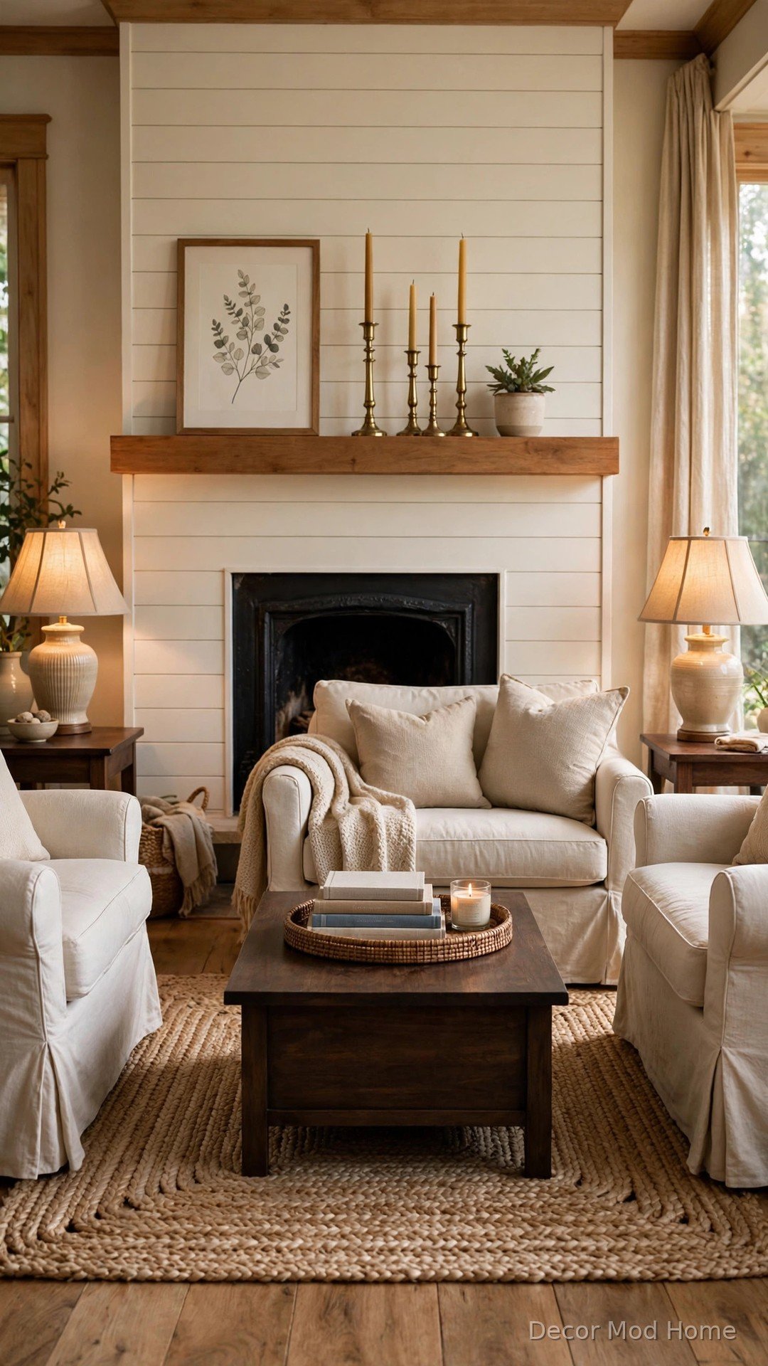 Warm white shiplap fireplace surround with dark stained wood rectangular coffee table