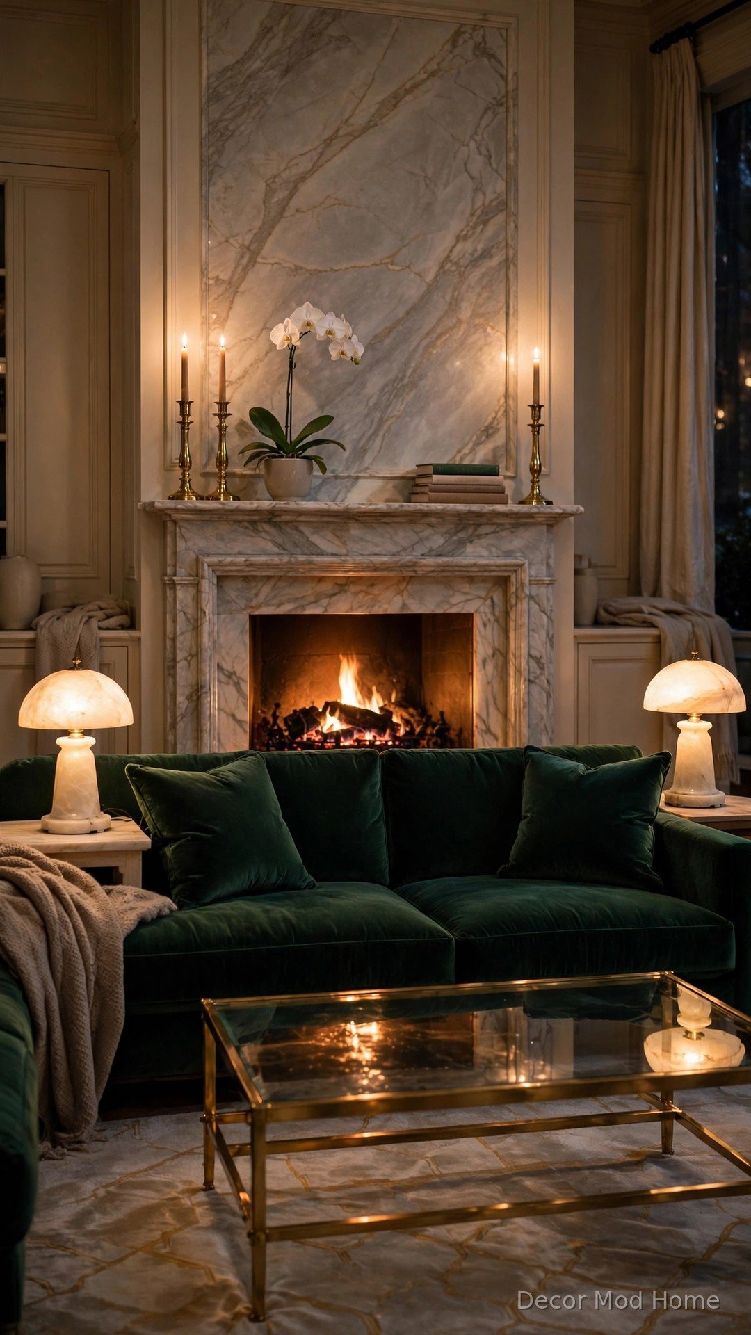 Honed marble fireplace surround with brass candlesticks and brass and glass coffee table