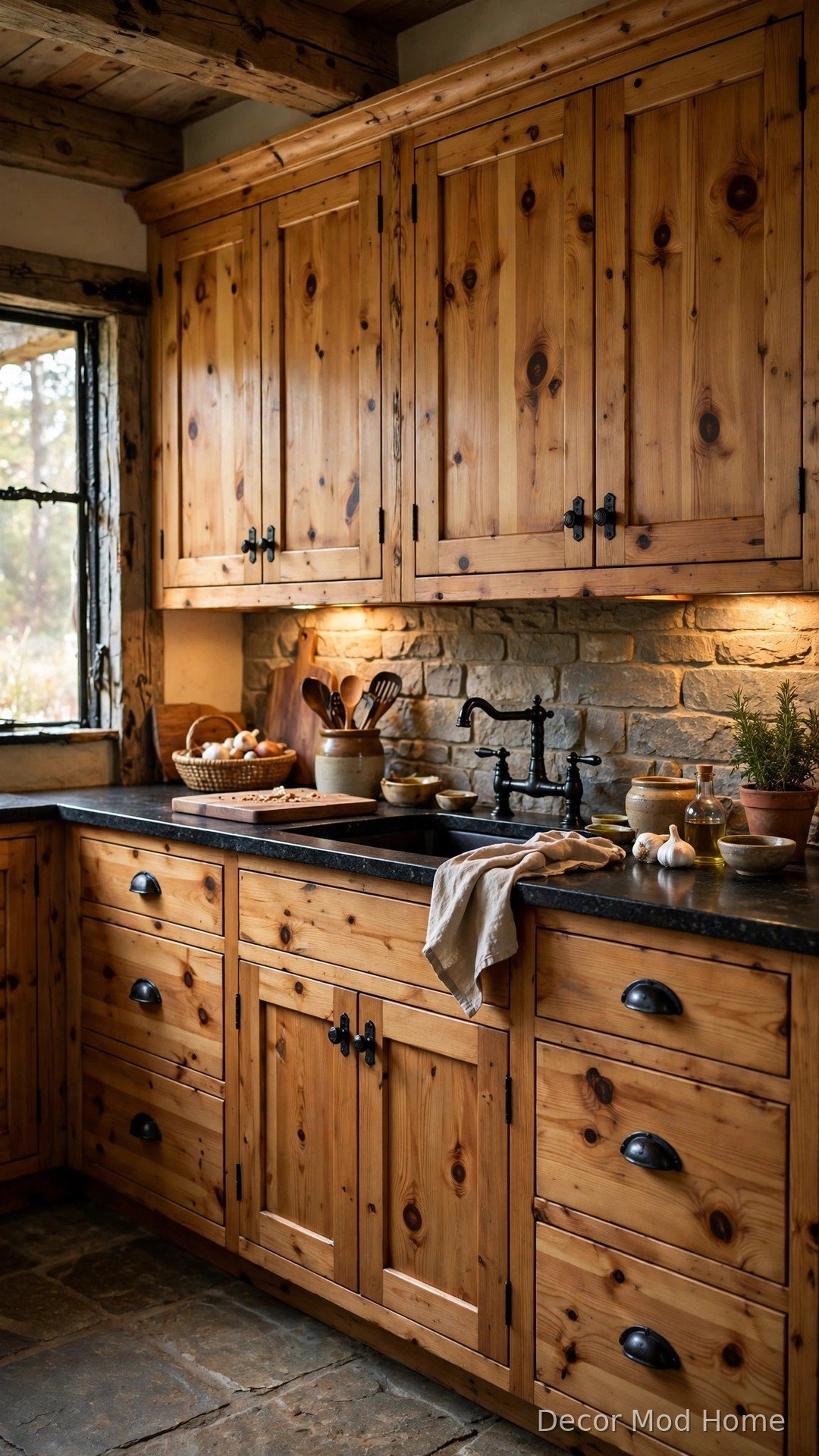 Knotty pine kitchen cabinets with cabin charm