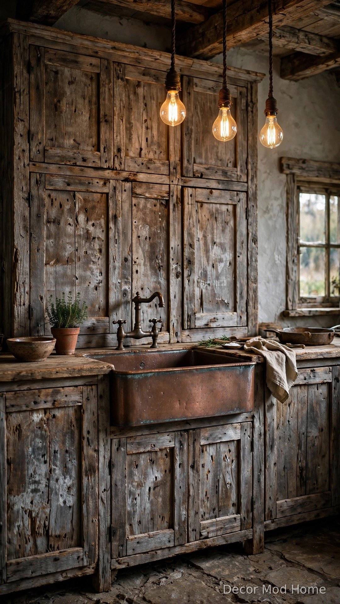 Reclaimed barn wood cabinet doors in rustic kitchen