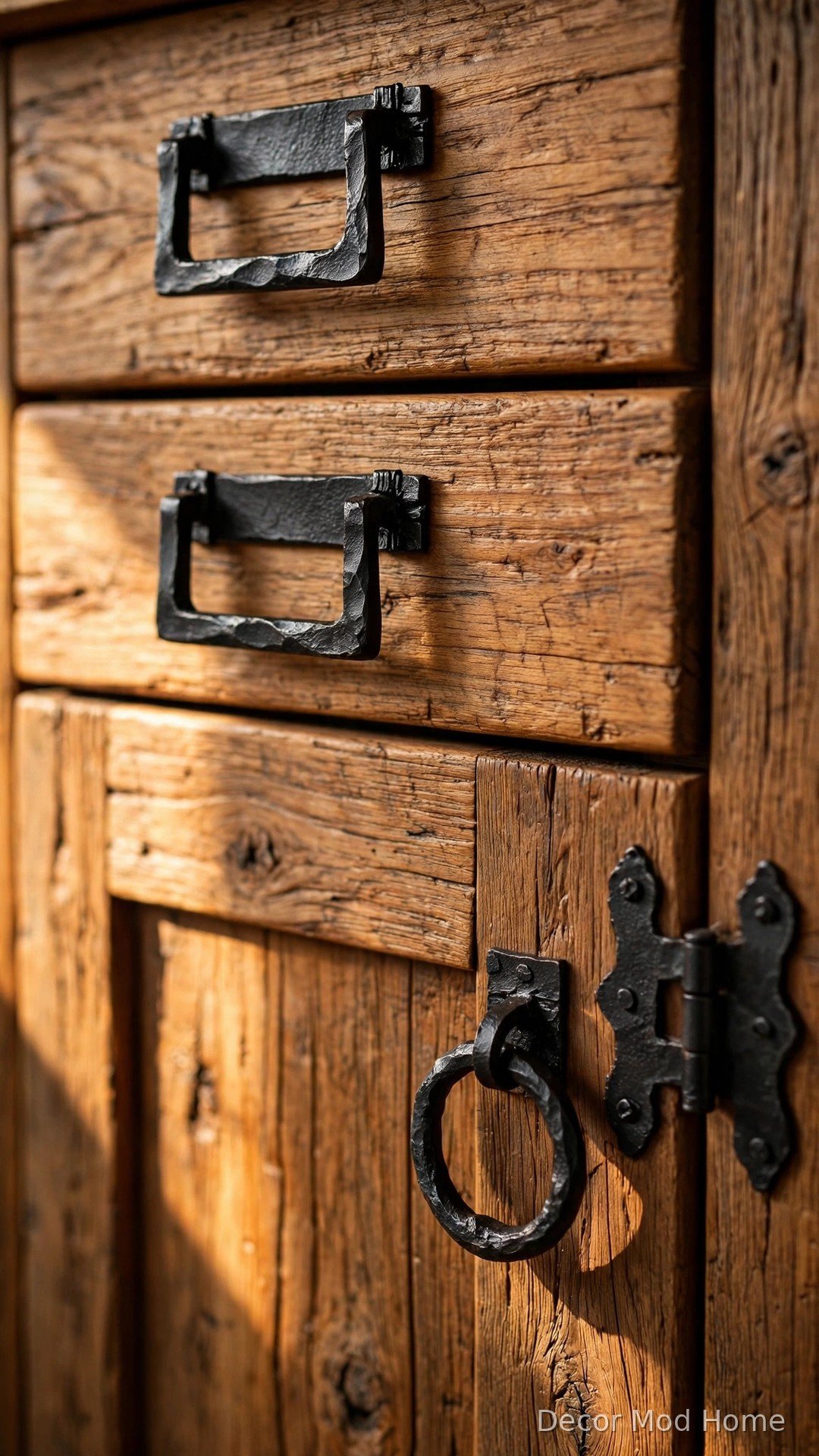 Wrought iron pulls on rustic wooden cabinets