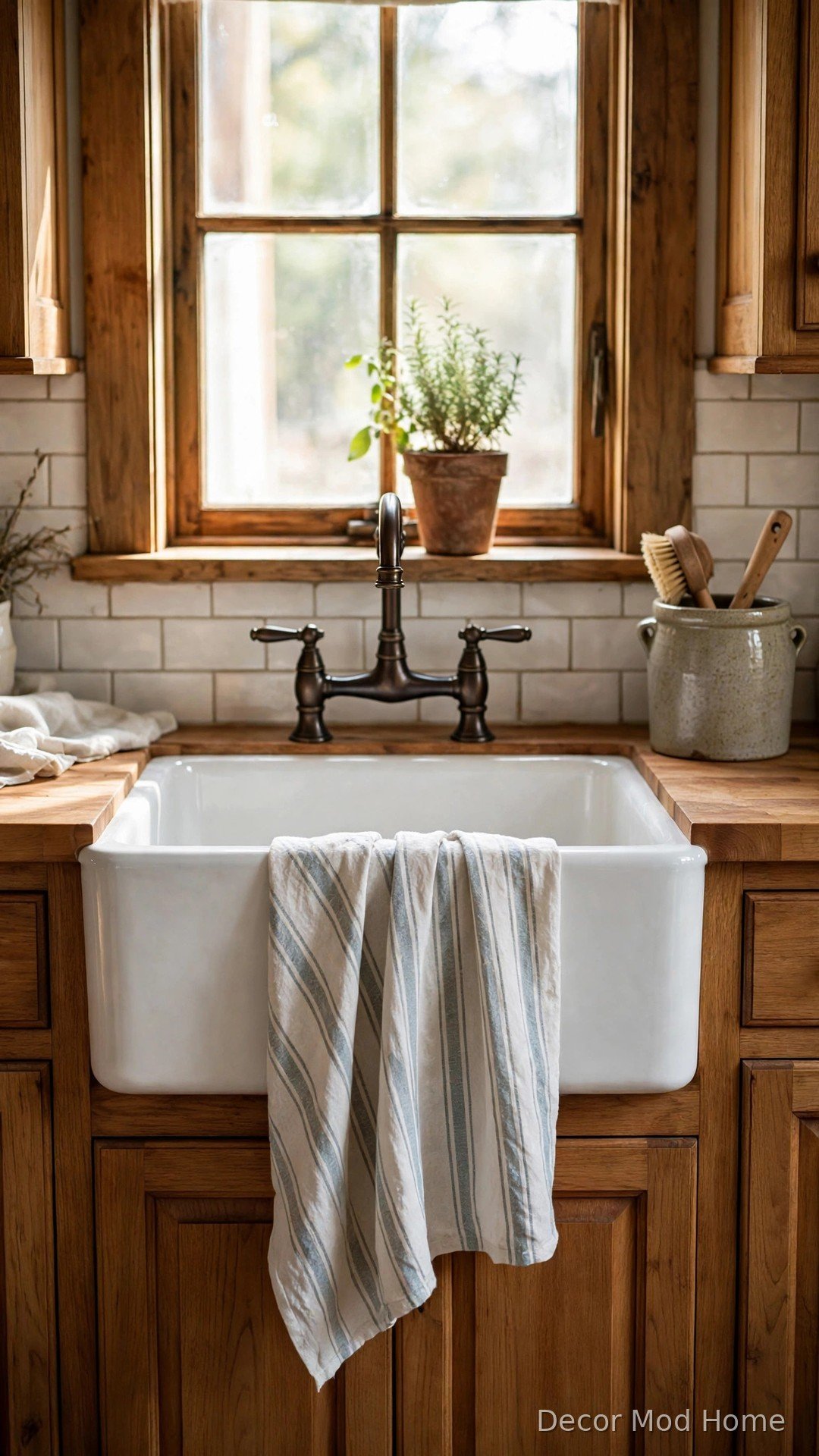 Fireclay farmhouse apron sink with wooden cabinets