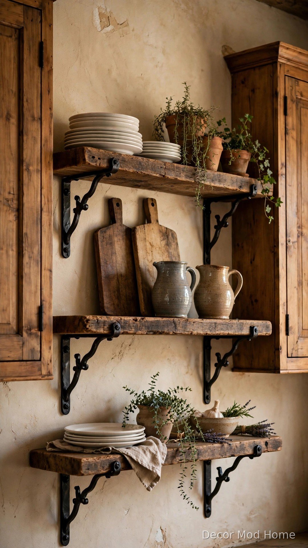 Open shelving with rustic wood brackets in kitchen