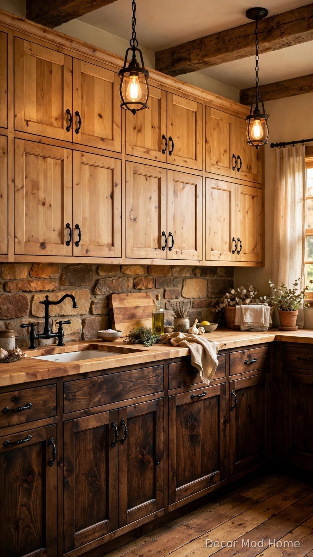 Mixed wood tones: hickory lowers and pine uppers
