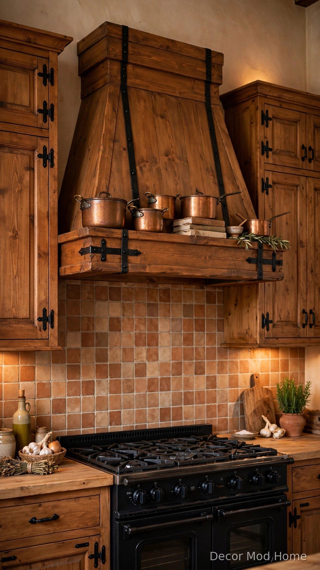 Wooden range hood cover in rustic kitchen