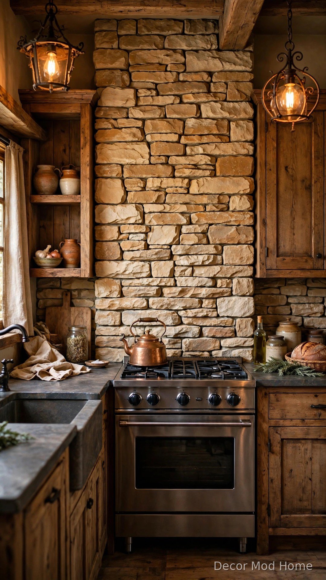 Stone backsplash with rustic wooden cabinets