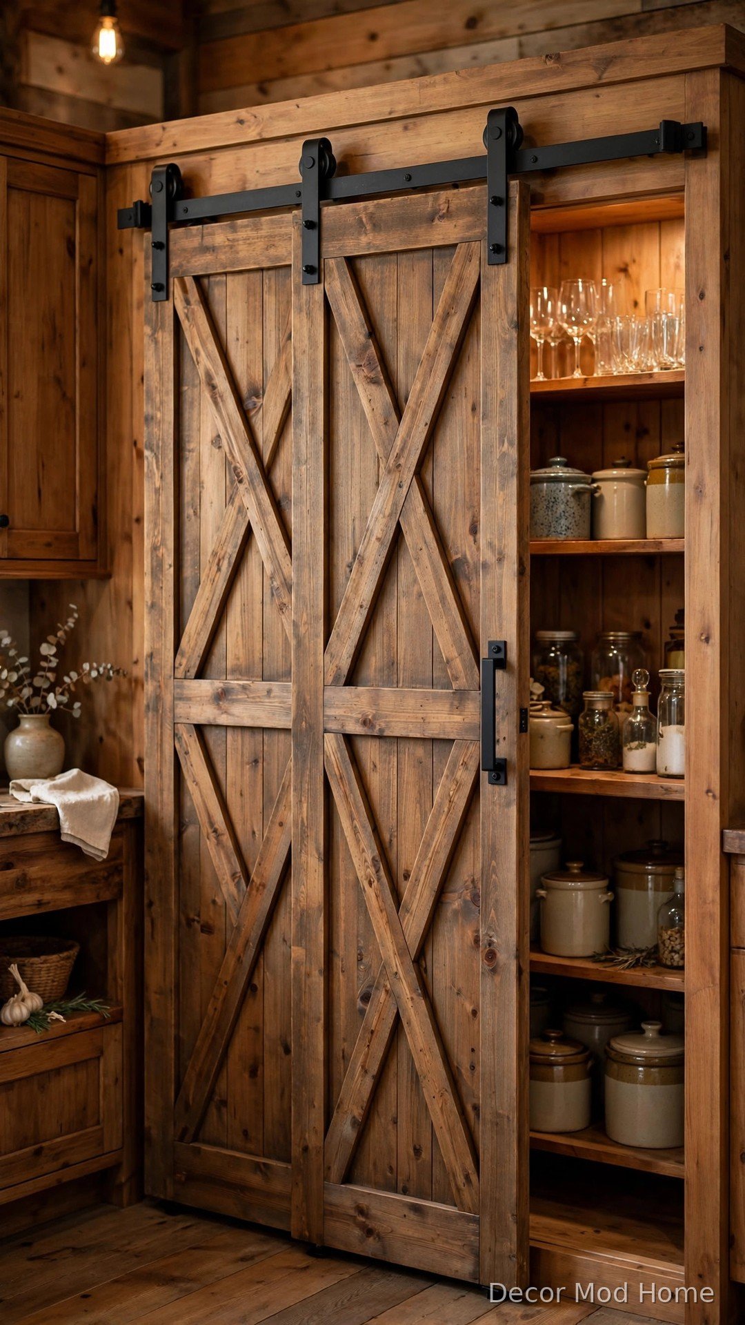 Barn-style sliding cabinet doors in rustic kitchen