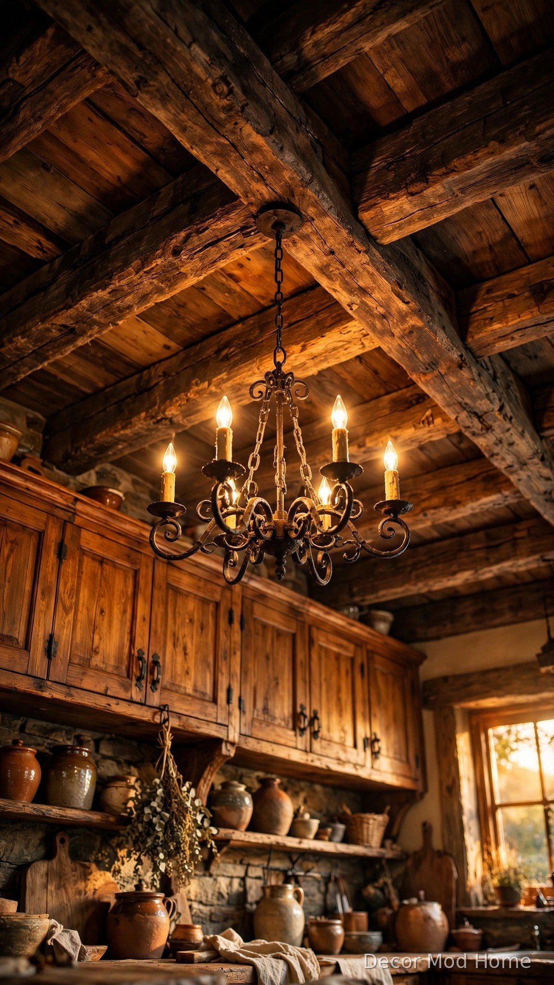 Exposed wood ceiling beams in rustic kitchen