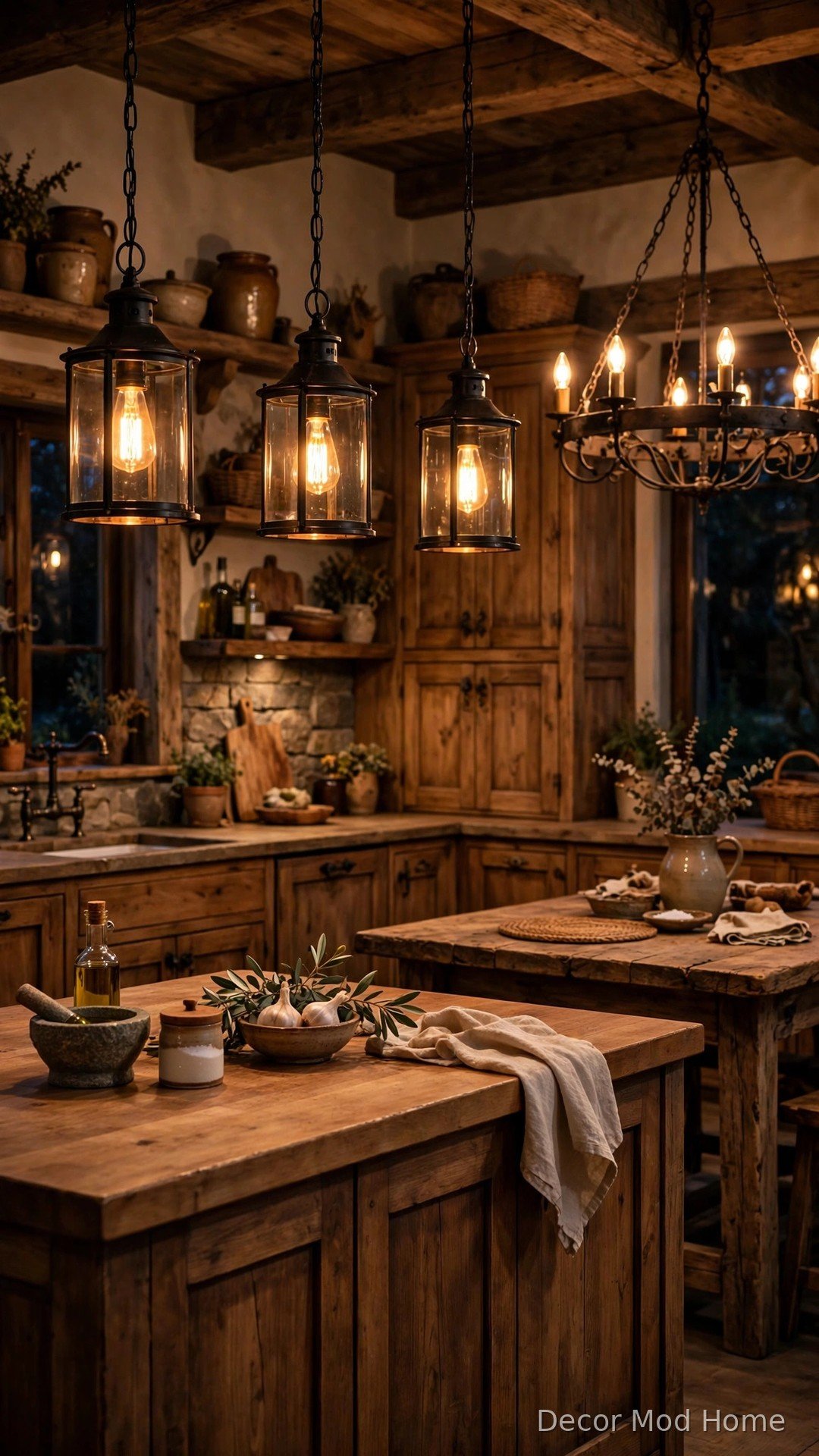 Lantern pendants and Edison bulbs in rustic kitchen
