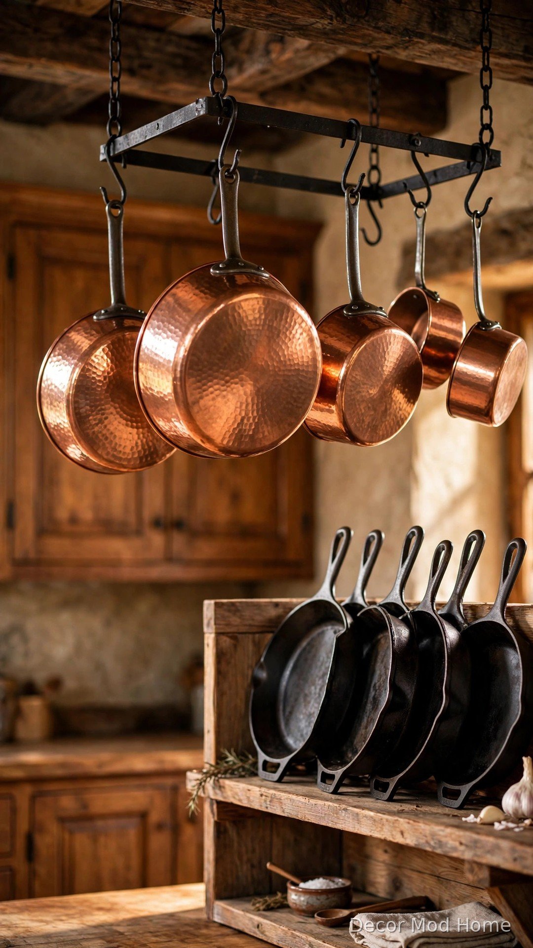 Copper pots and cast iron displayed in rustic kitchen