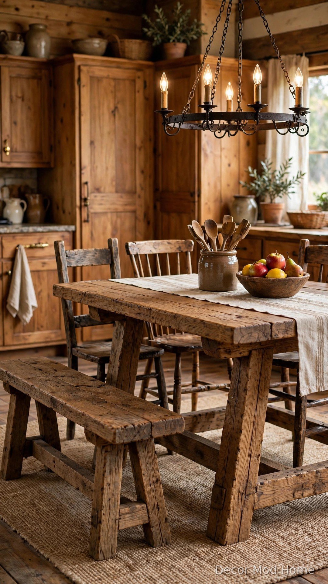 Chunky wood farm table in rustic kitchen