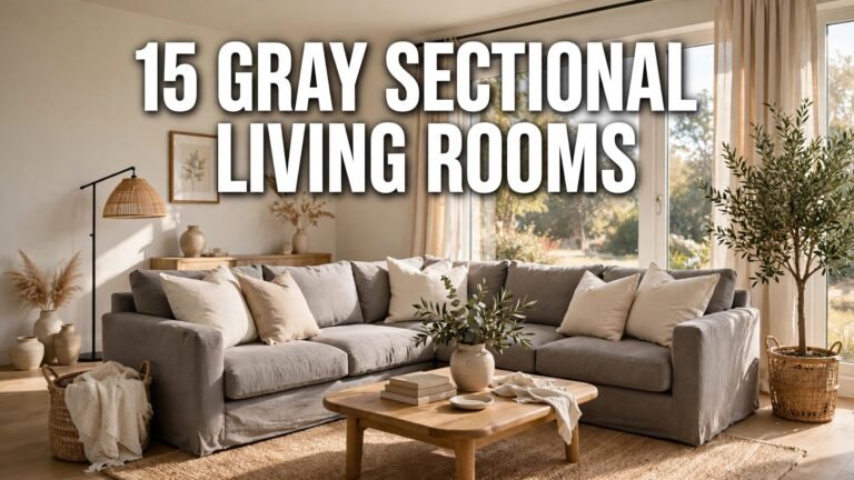Neutral living room with a large gray sectional sofa and bold title text overlay
