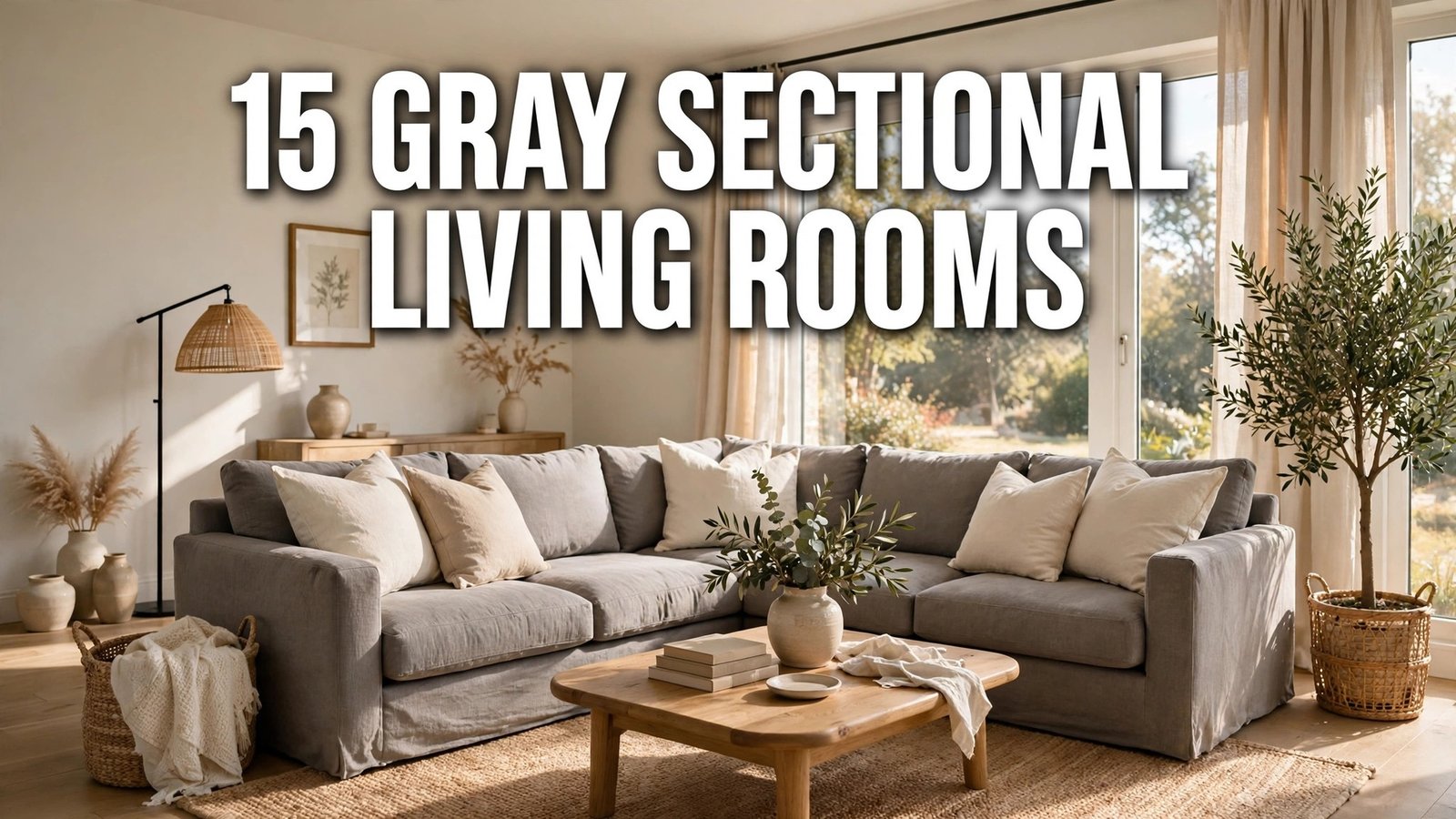 Neutral living room with a large gray sectional sofa and bold title text overlay