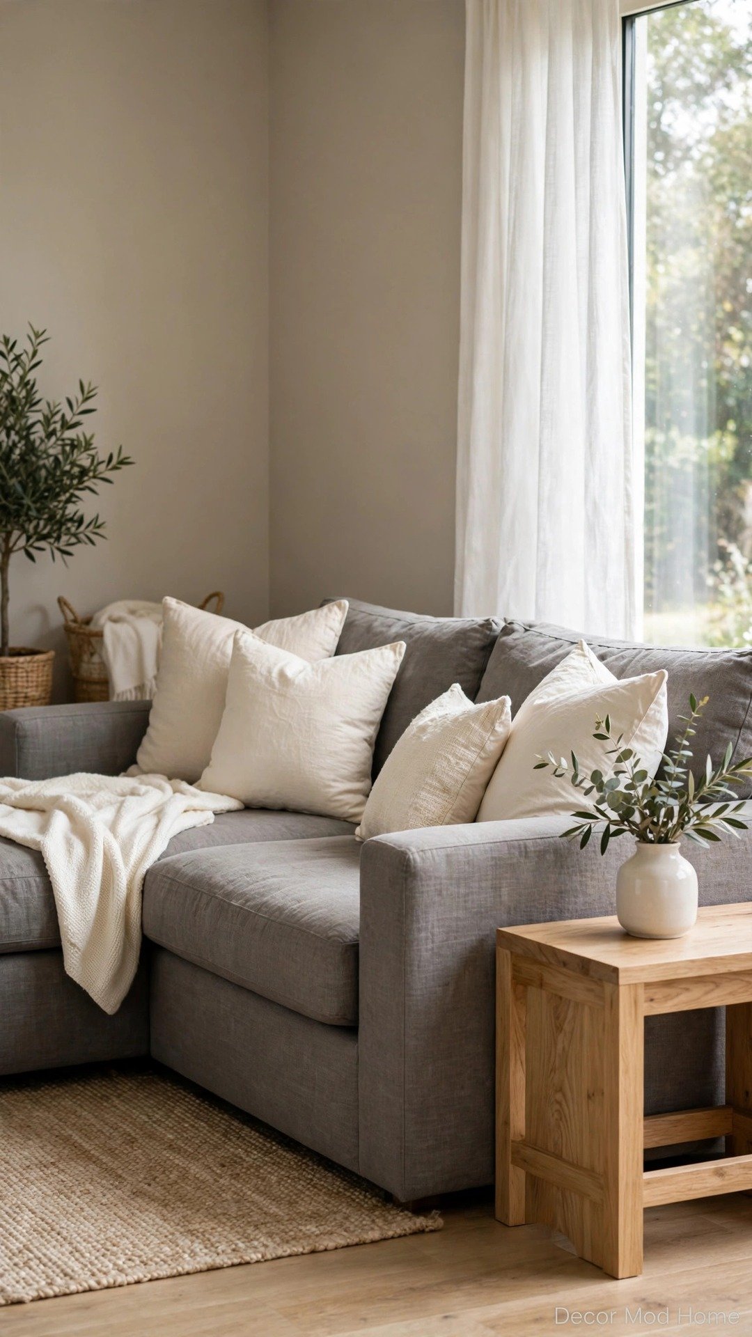 Neutral living room with warm greige walls and a gray sectional with cream cushions