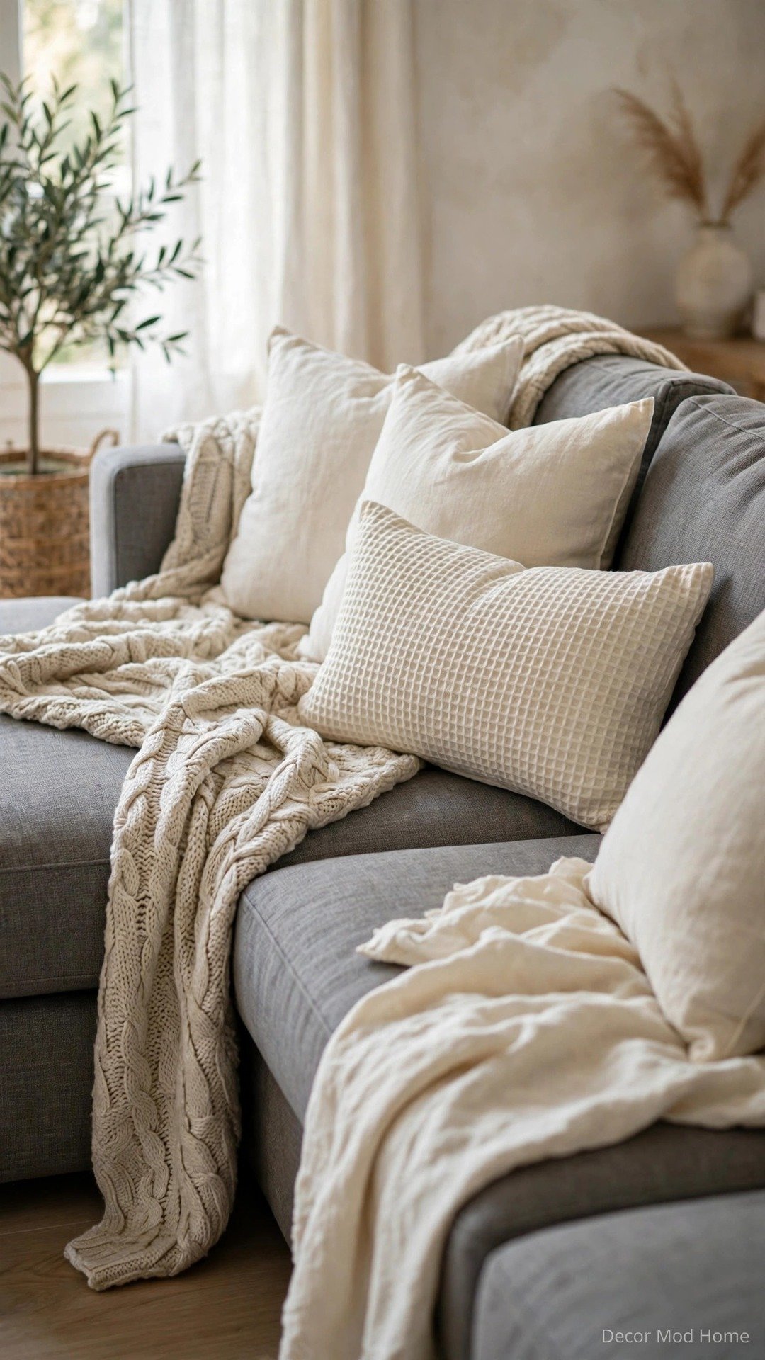 Gray sectional layered with cream linen cushions and an oatmeal knit throw
