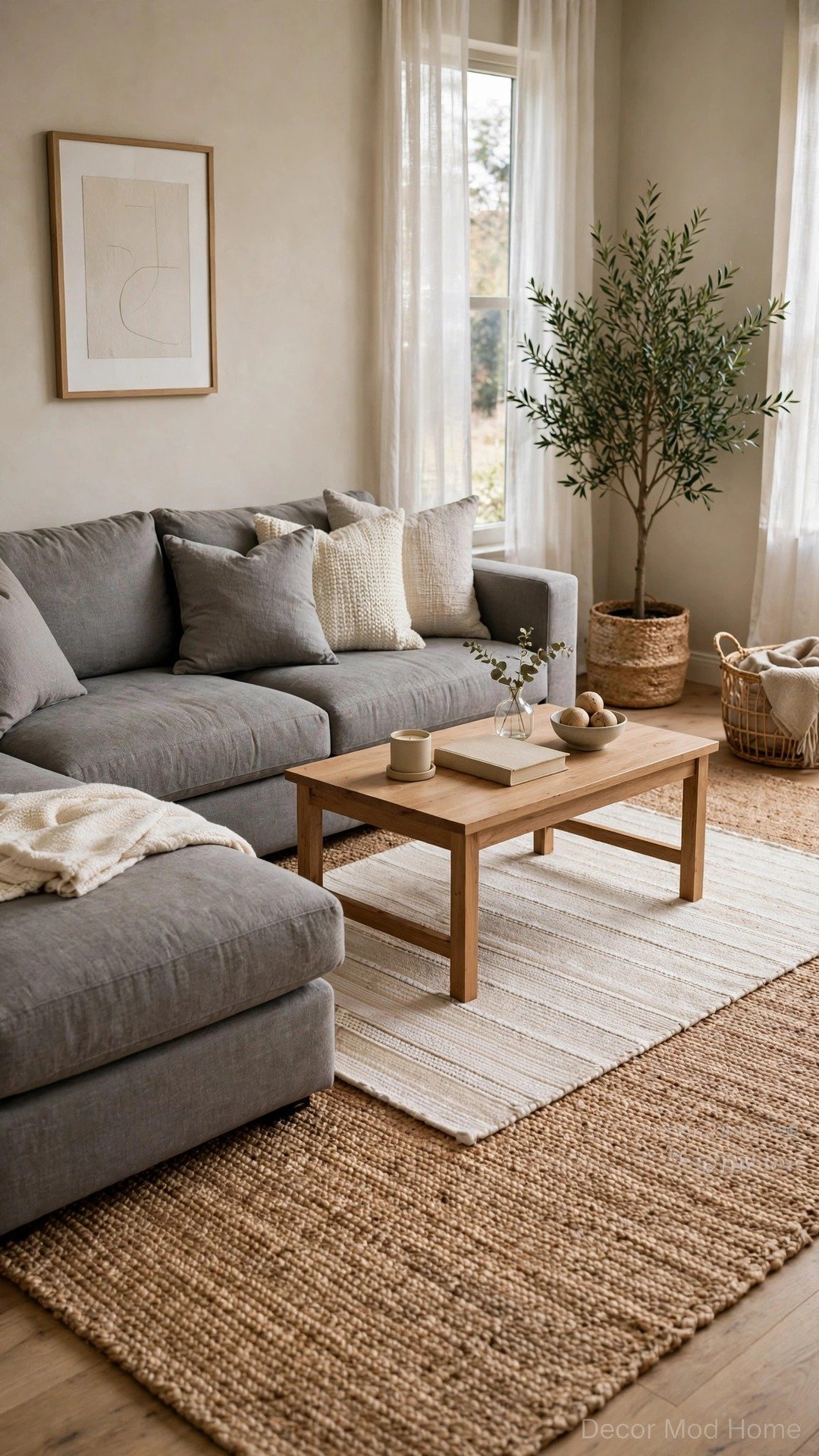 Gray sectional anchored by a large natural jute area rug