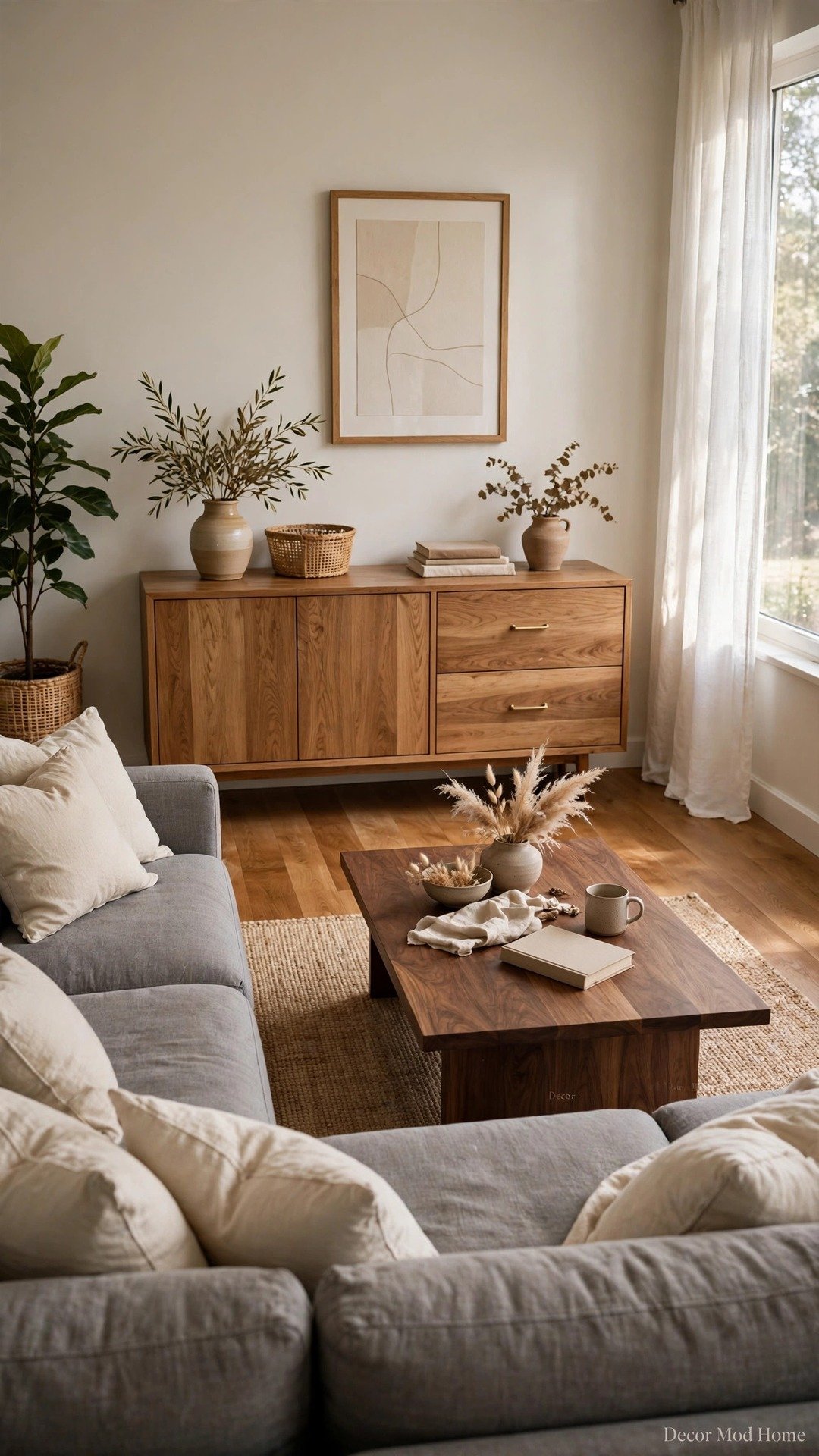 Gray sectional paired with warm walnut and oak wood furniture