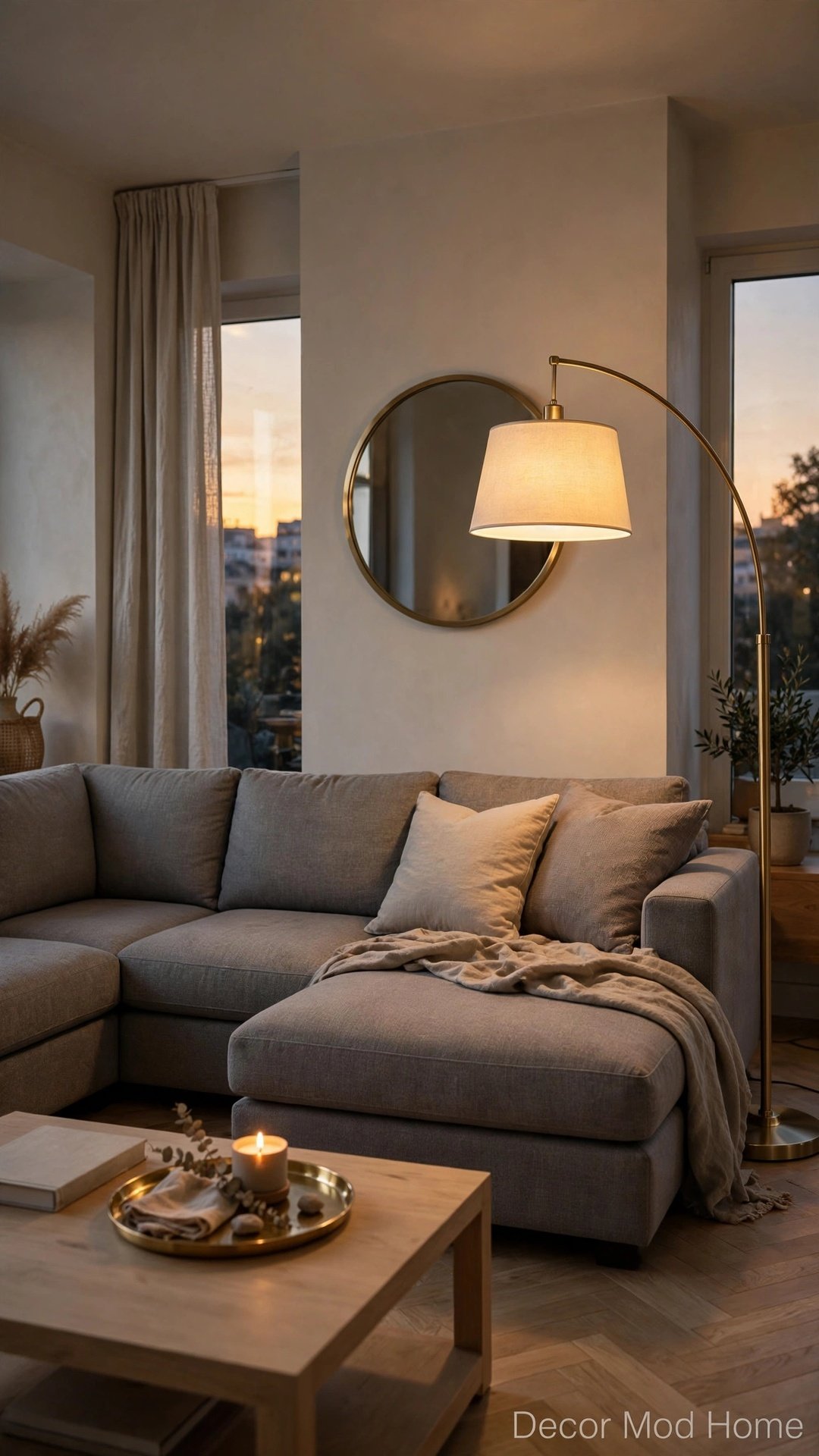Gray sectional styled with a brushed brass arc floor lamp and gold accents