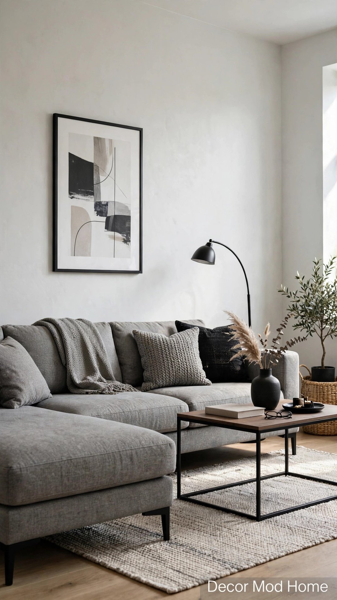 Gray sectional with matte black floor lamp and black-framed wall art