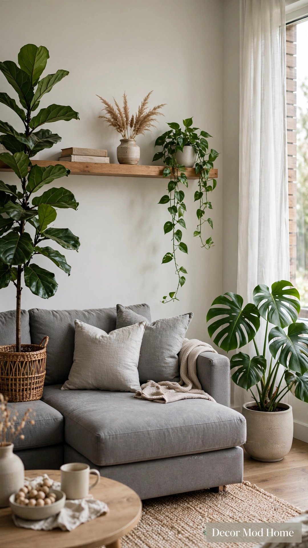 Gray sectional styled with a tall fiddle-leaf fig and indoor plants