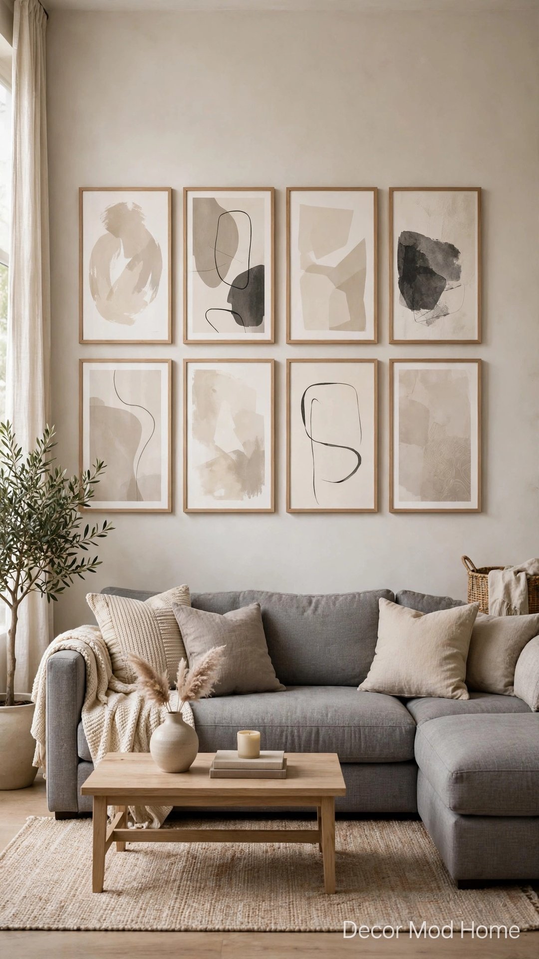 Gray sectional below a gallery wall of neutral abstract art prints