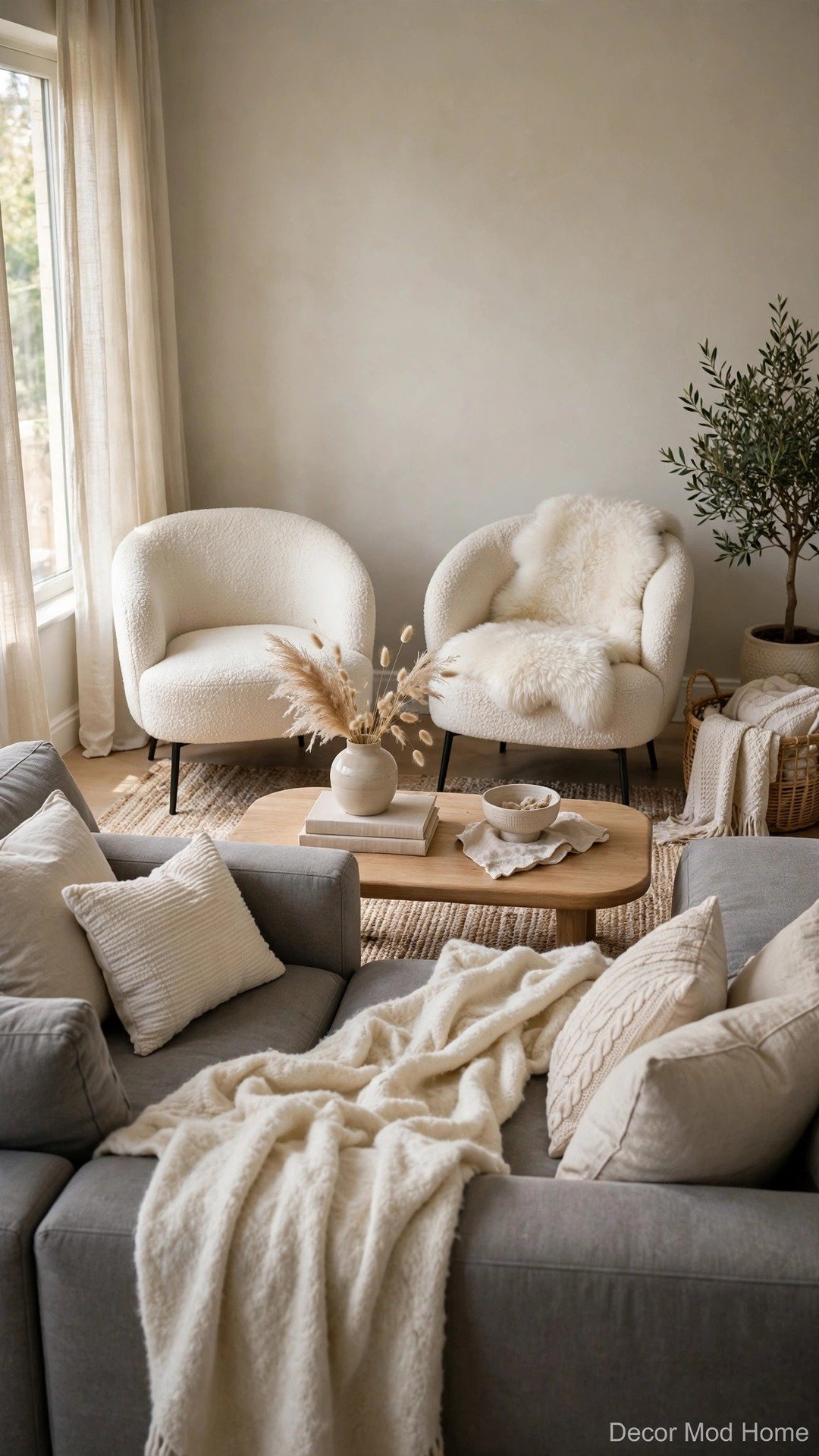 Ivory boucle accent chairs opposite a gray sectional with wool textures
