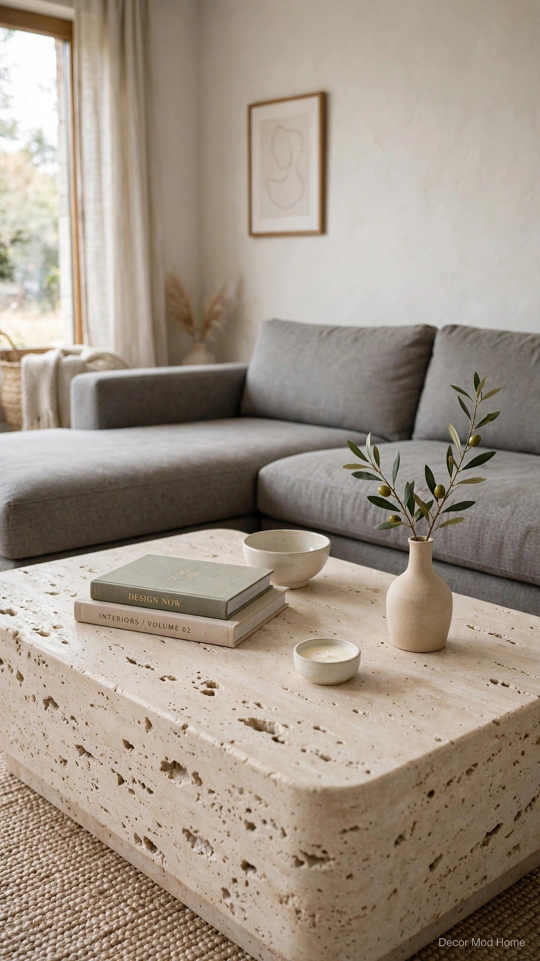 Travertine coffee table styled in front of a gray sectional