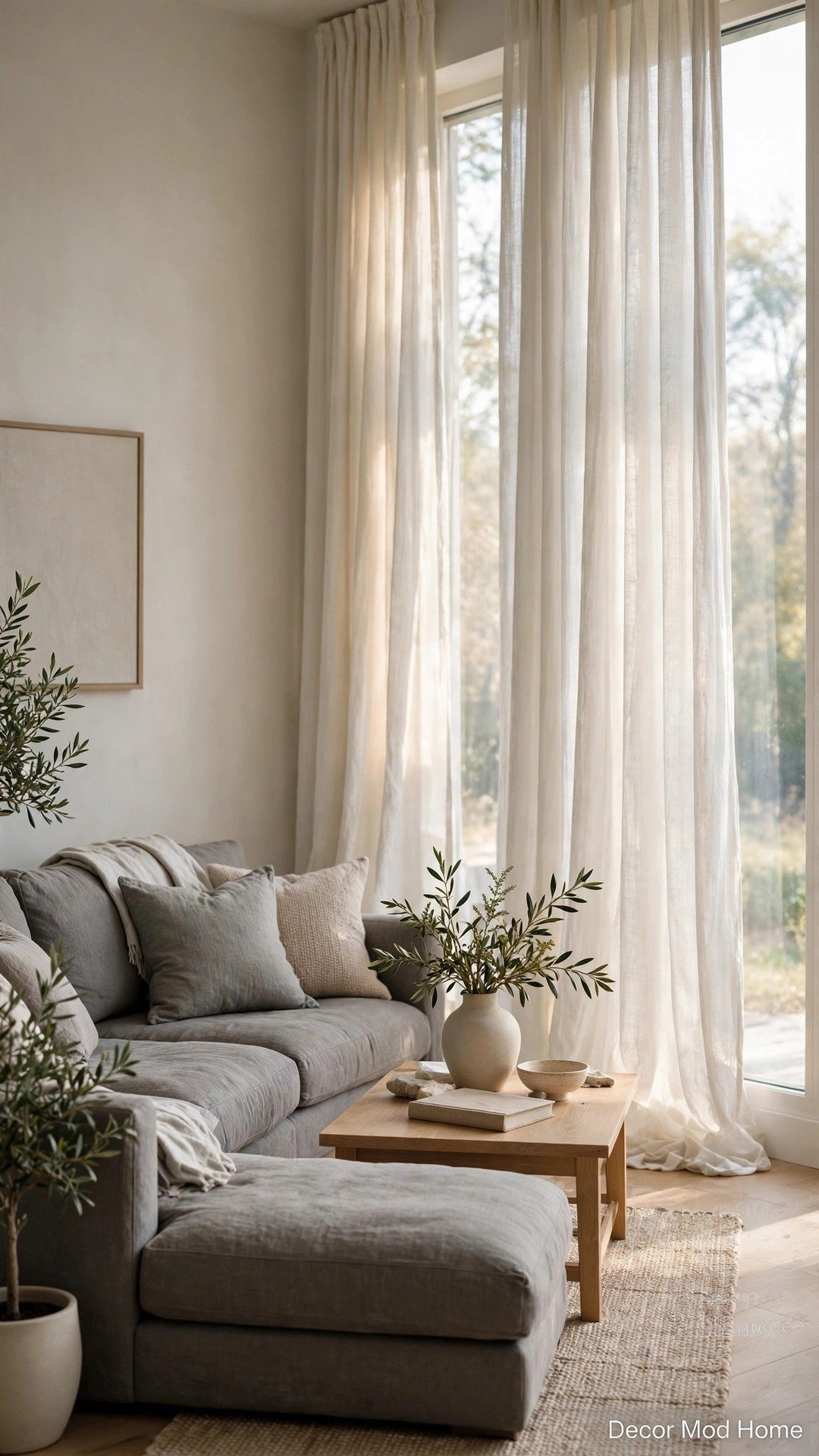 Gray sectional beside floor-to-ceiling ivory linen curtains