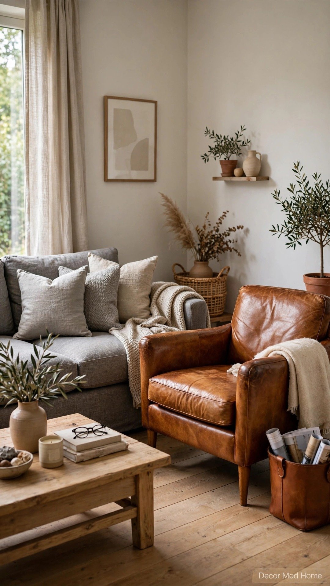 Cognac leather armchair beside a gray sectional in a neutral room
