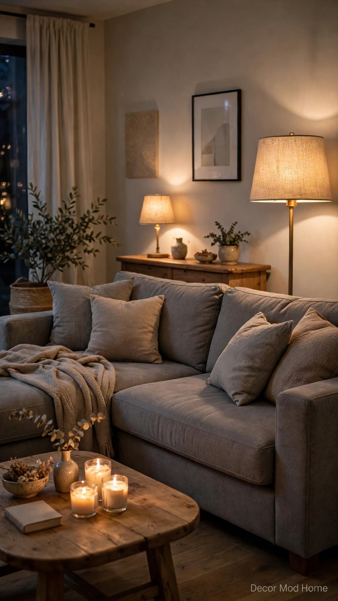 Gray sectional in warm layered evening lighting with candles