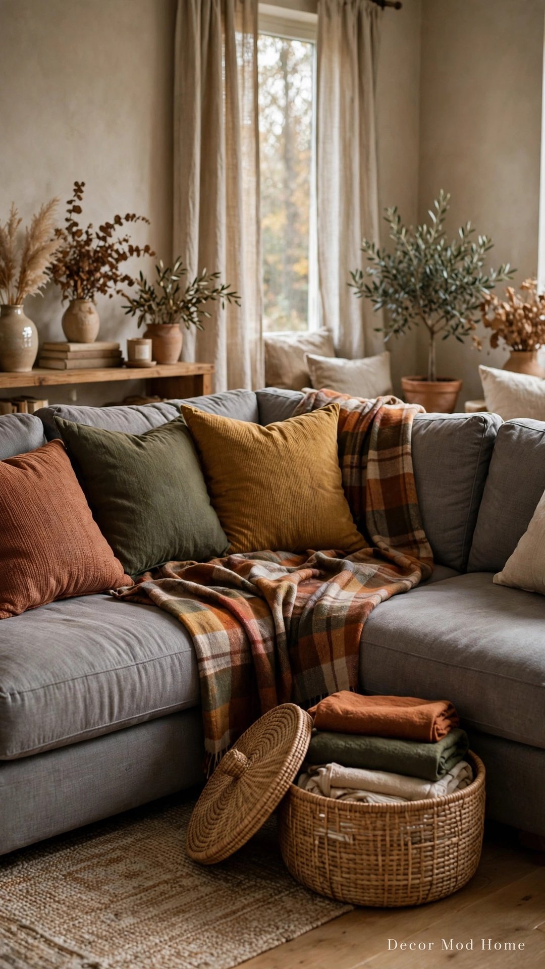 Gray sectional with rust and ochre autumn cushions and plaid wool throw