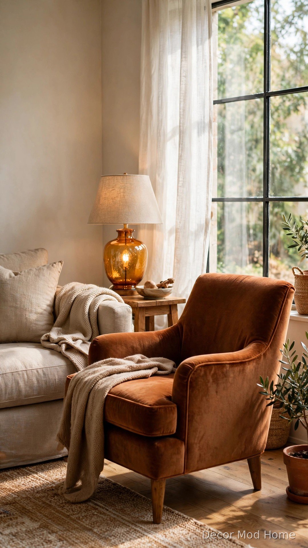 Burnt sienna velvet accent chair angled beside a beige sofa in a sunlit living room