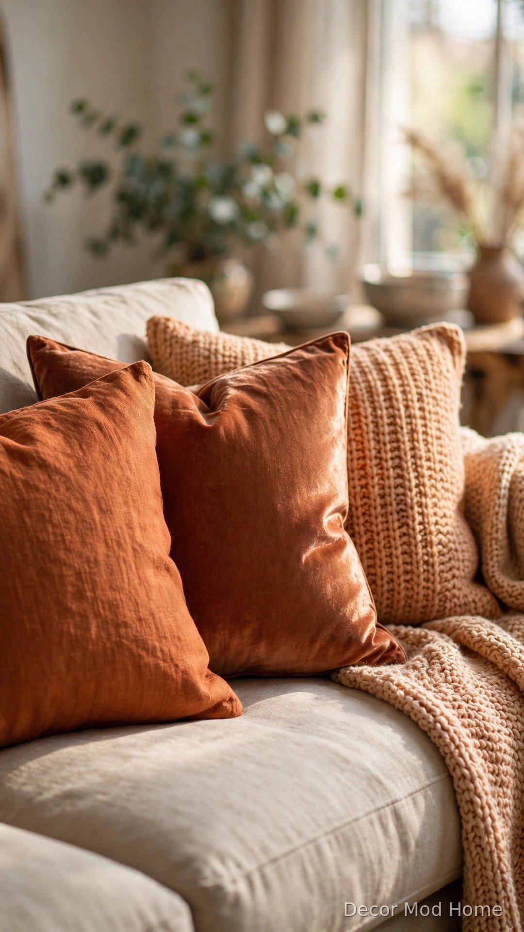 Beige sofa layered with rust-orange, copper and apricot throw pillows in mixed textures