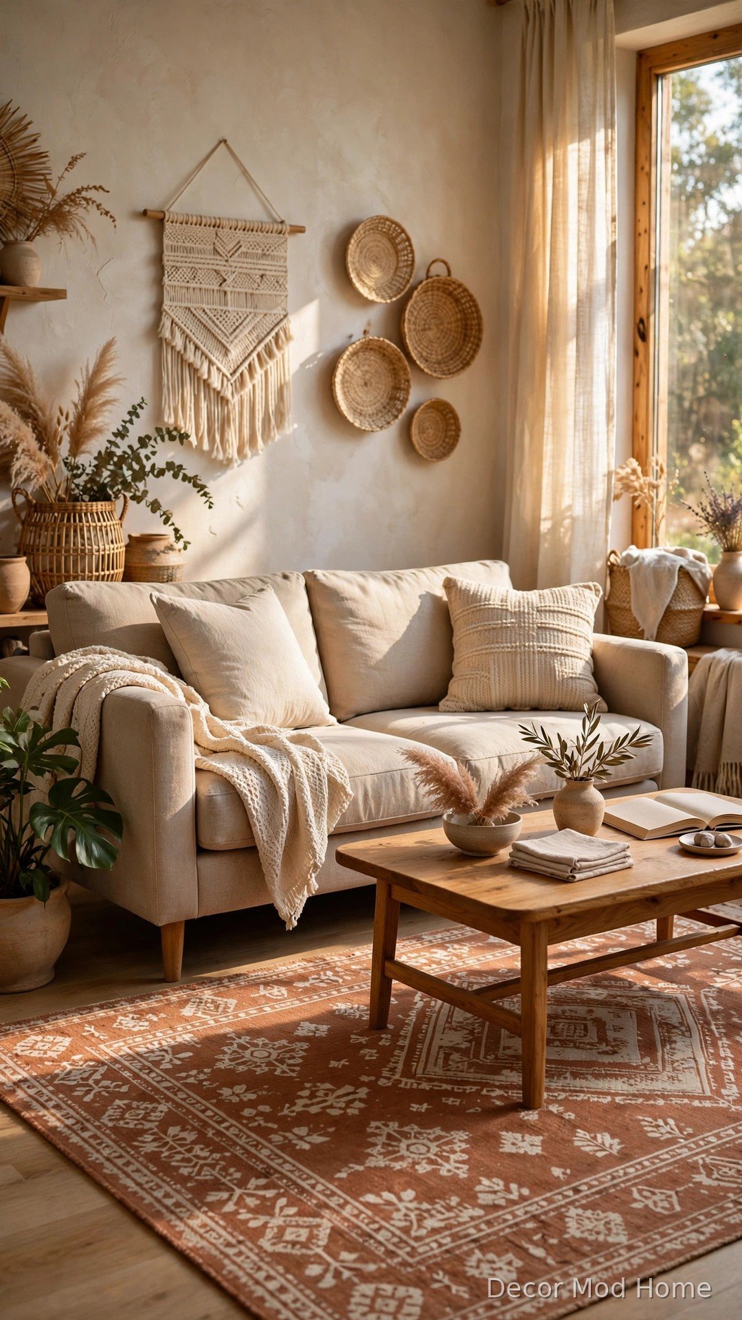 Terracotta patterned area rug anchoring a beige sofa and wooden coffee table