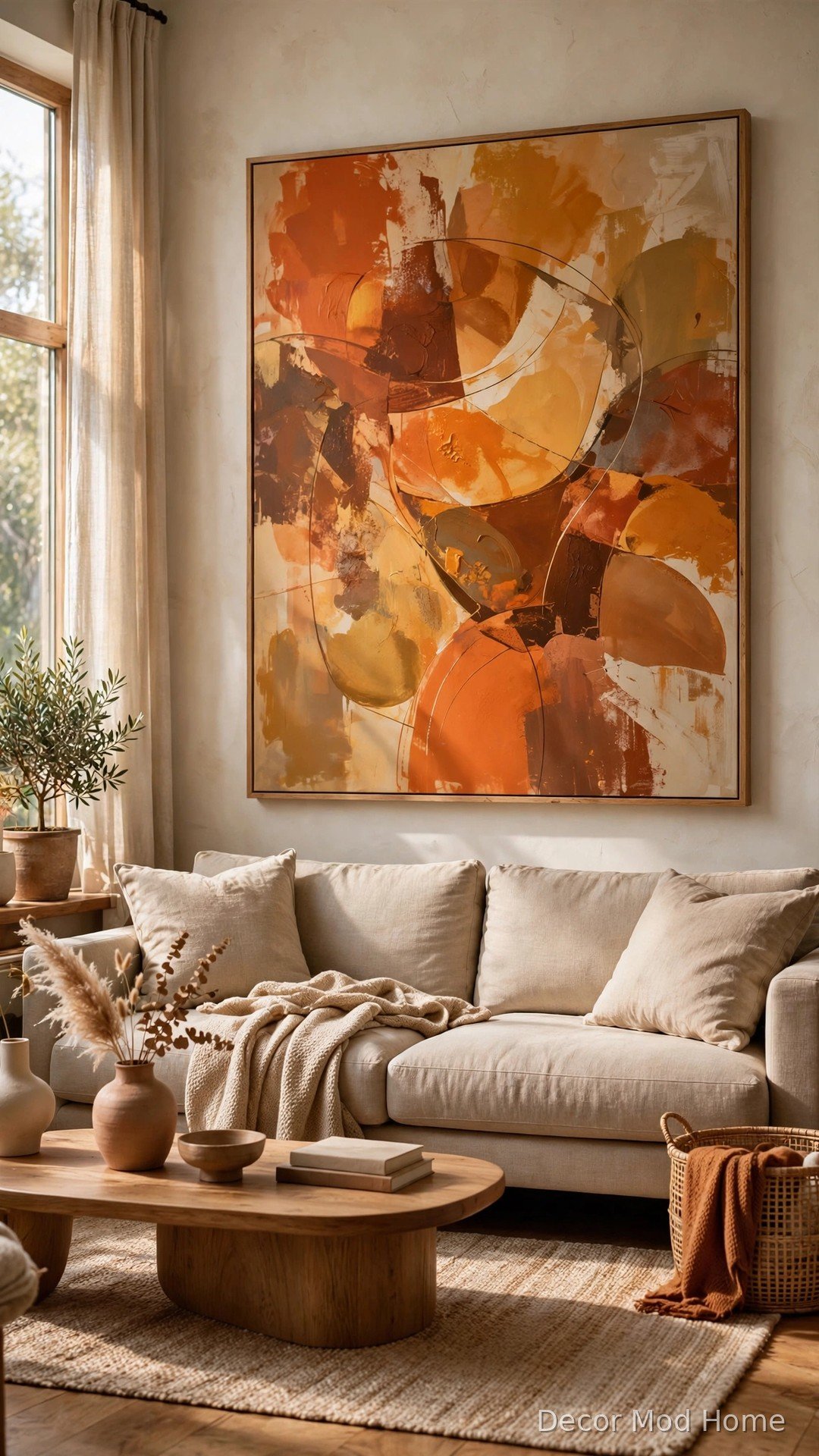 Oversized abstract wall art in burnt orange, sienna and ochre above a beige sofa