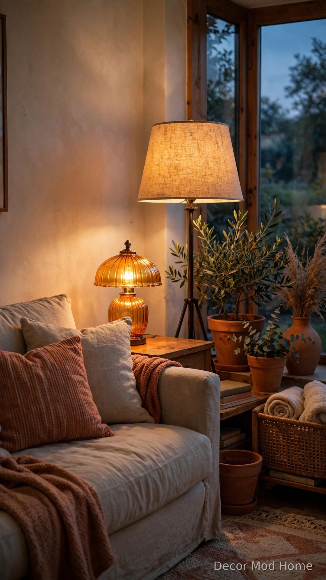Living room corner at dusk with amber glass lamps casting warm golden light on a beige sofa