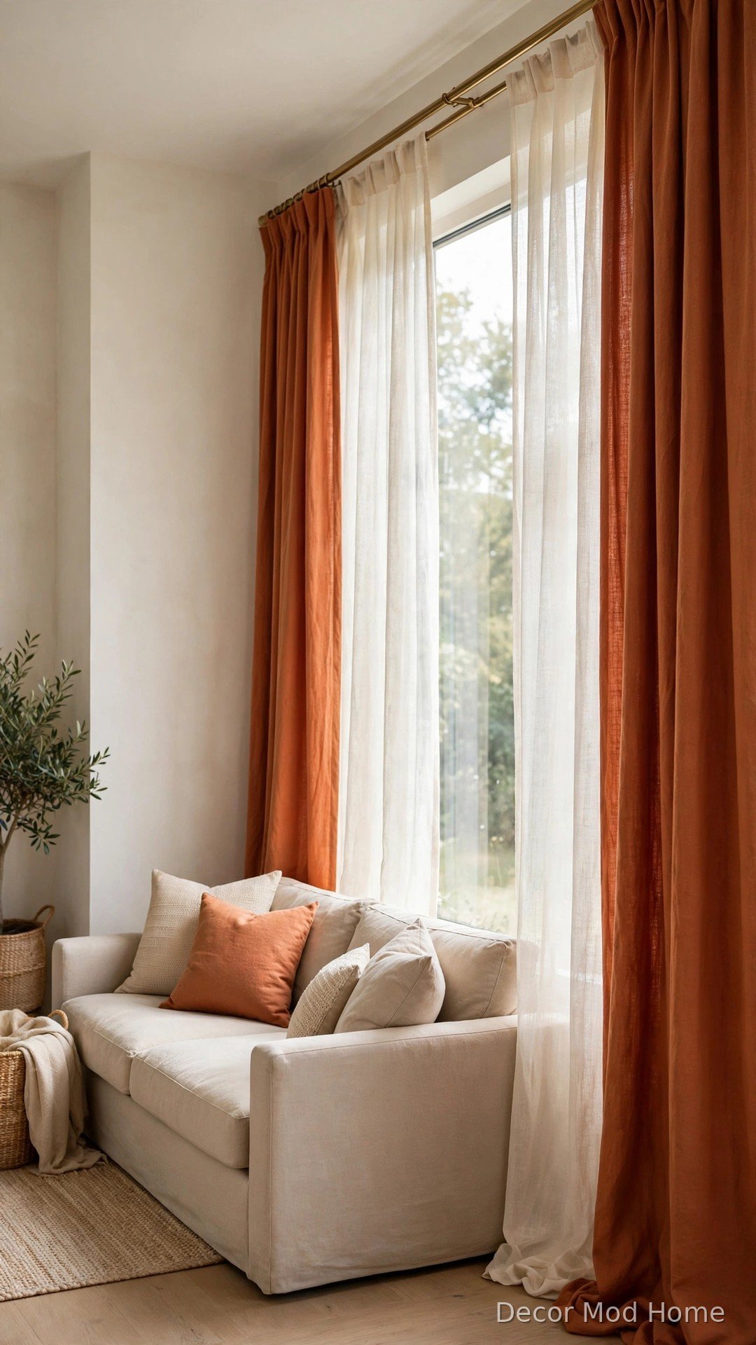 Sheer ivory linen curtains layered under full terracotta drapes beside a beige sofa