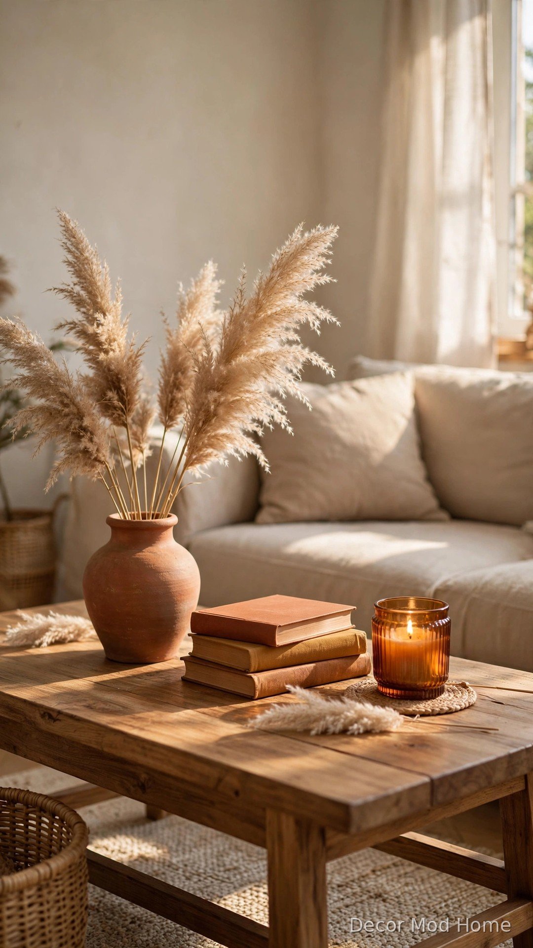 Coffee table styled with terracotta vase, amber candle holder and warm-toned books before a beige sofa