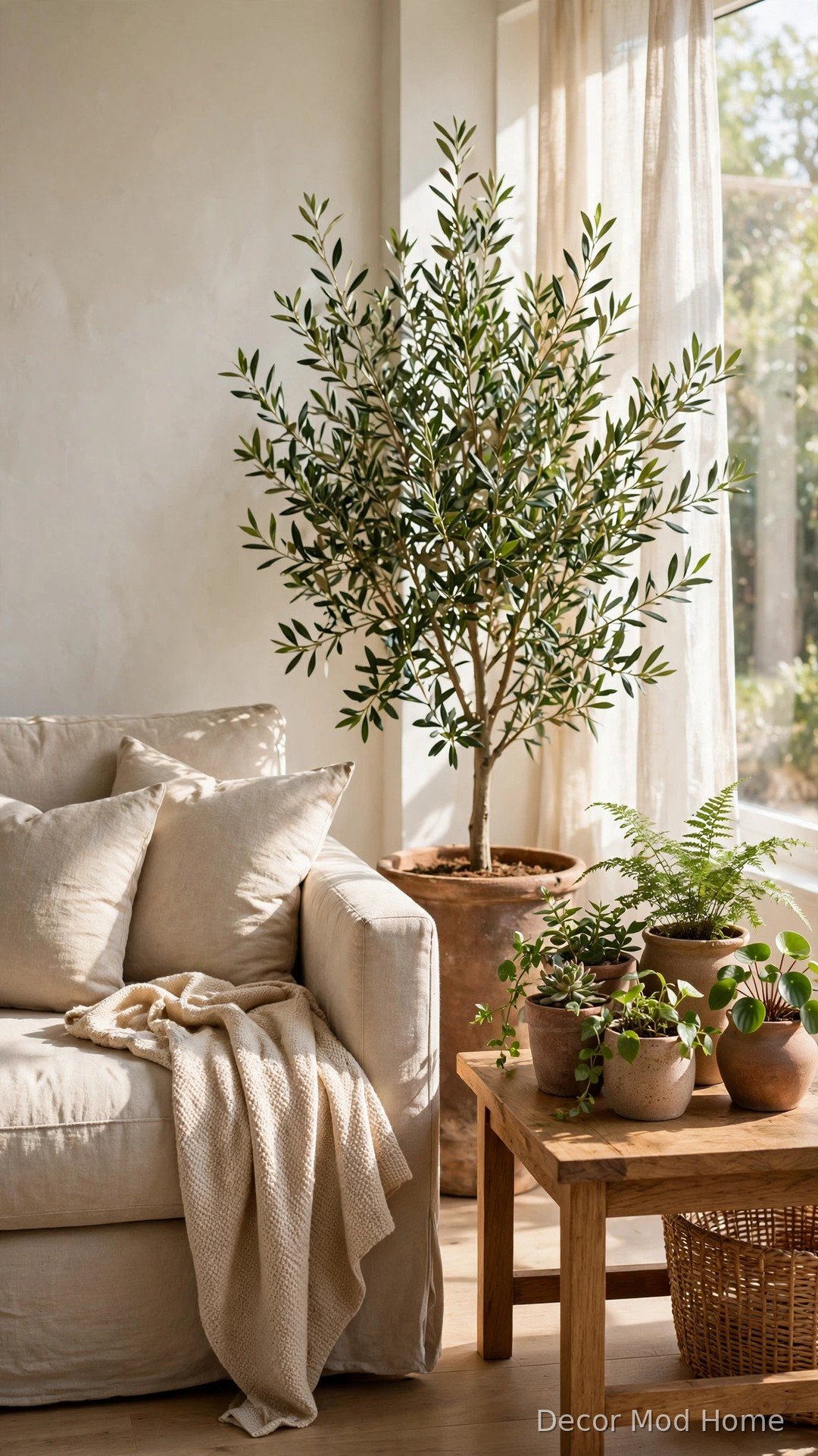Leafy olive tree in a chunky terracotta pot beside a beige sofa with clay-planted greenery