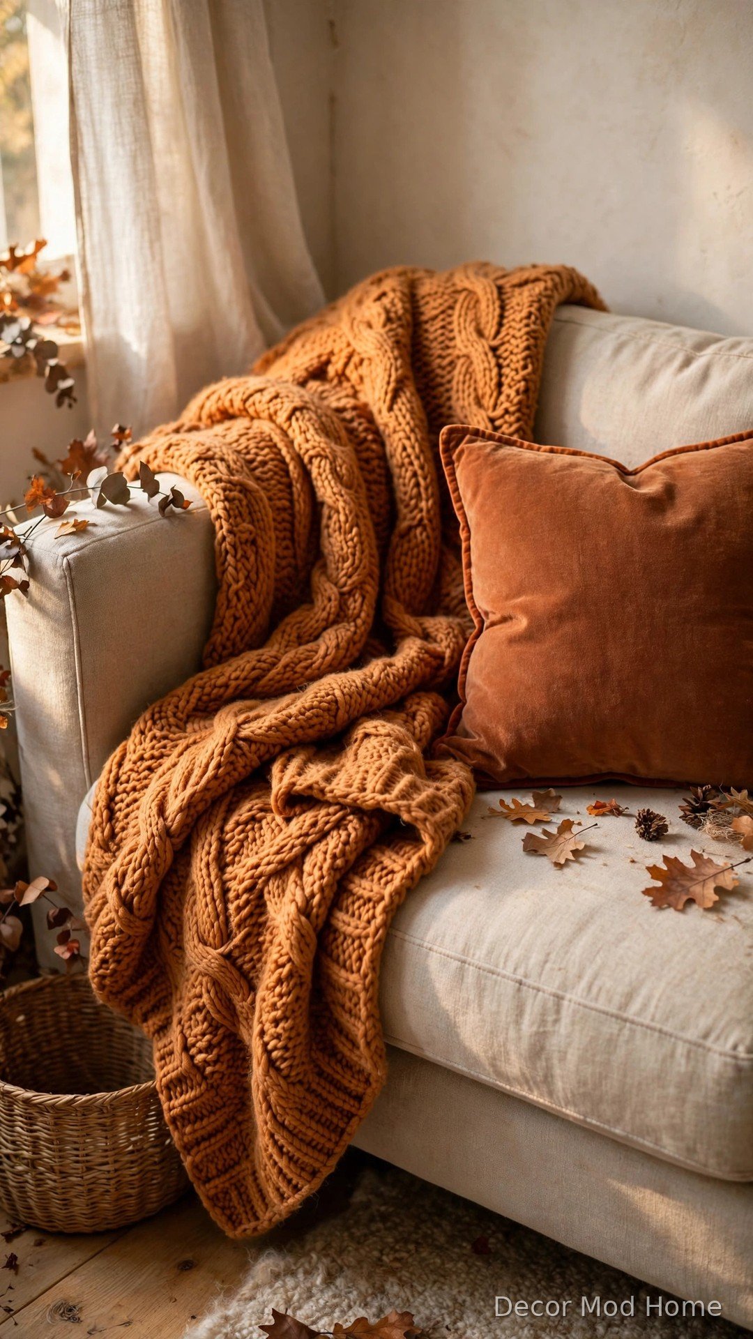 Caramel-orange chunky knit throw blanket draped over the corner of a beige sofa