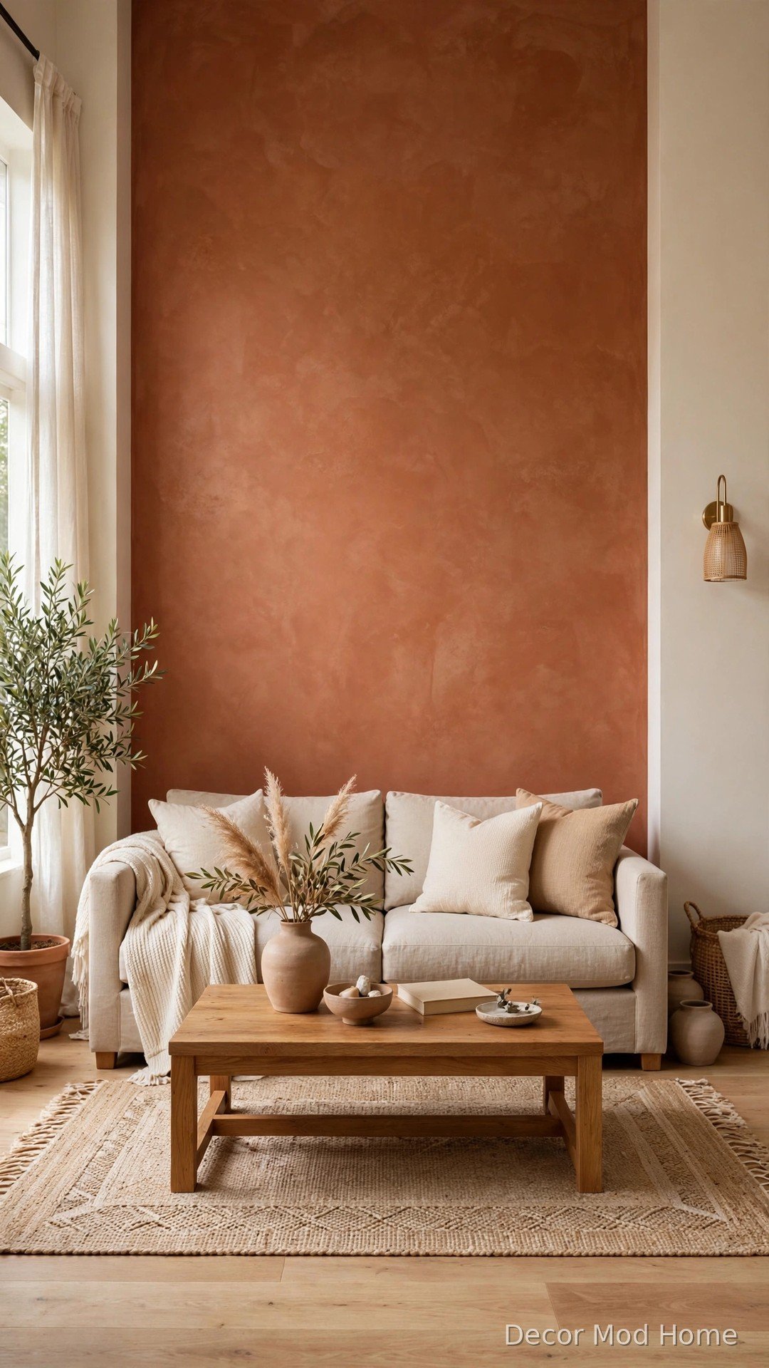 Warm terracotta clay accent wall behind a beige sofa with cream side walls